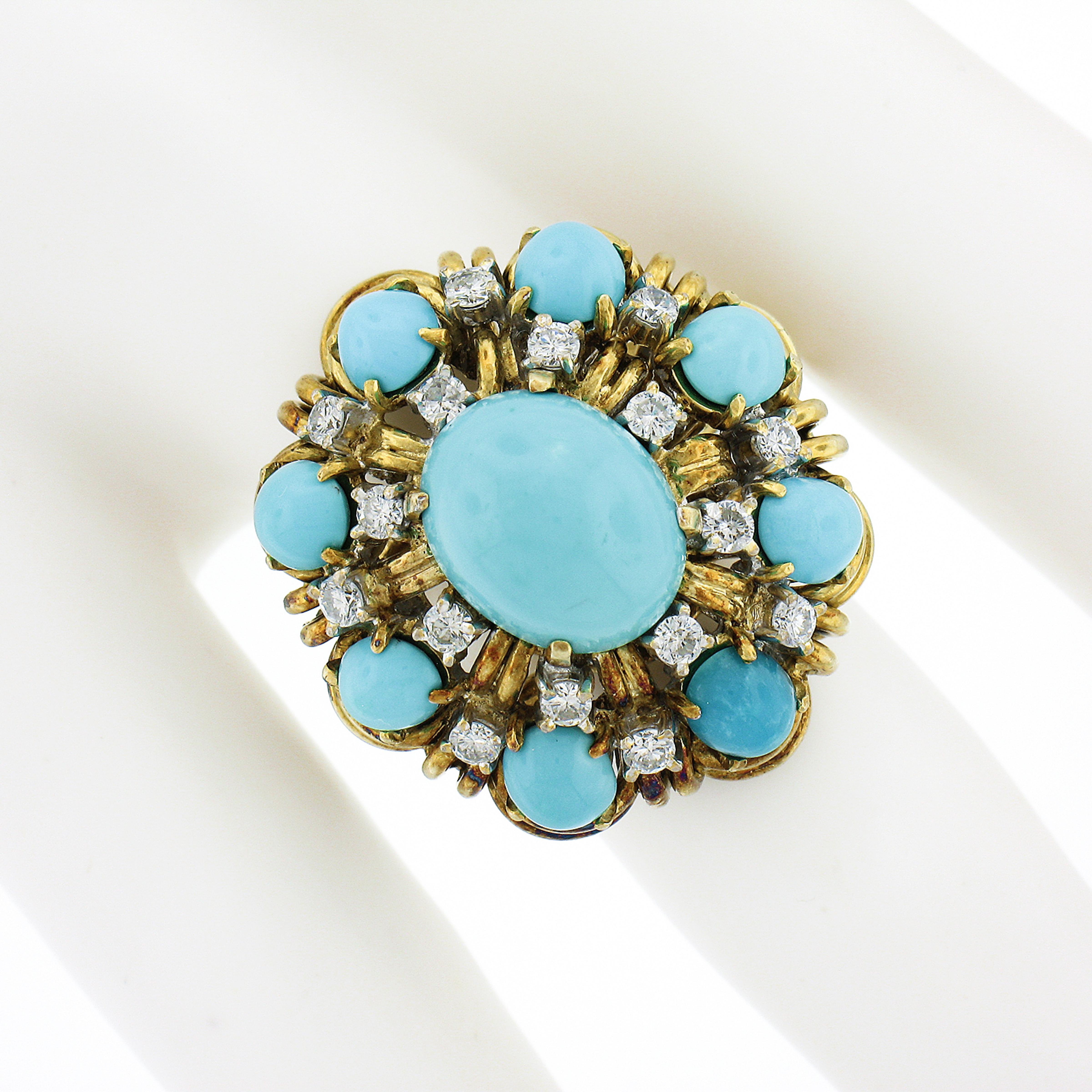 Retro Vintage 14k Gold 0.52ctw Cabochon Turquoise & Diamond Handmade Wire Work Ring For Sale