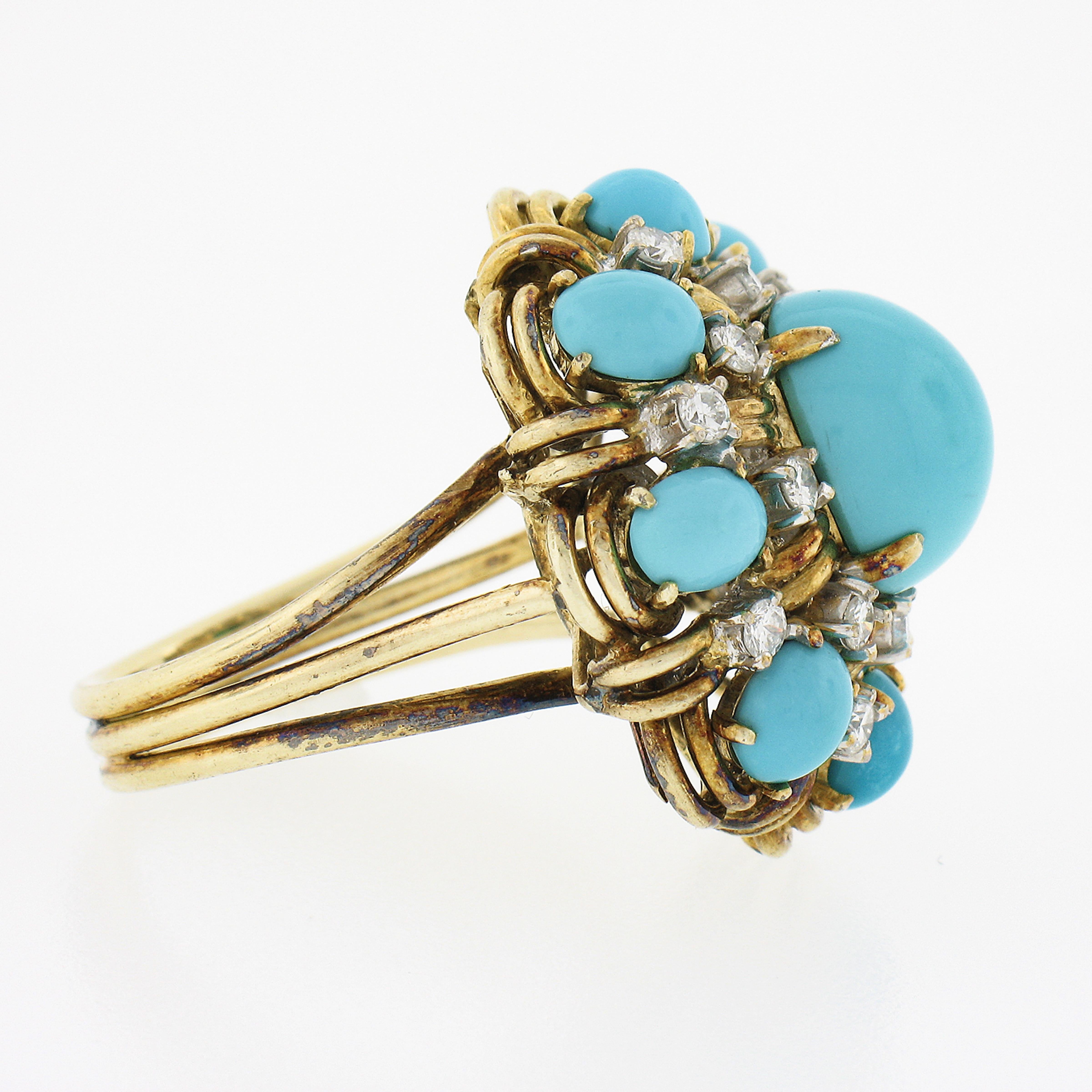 Vintage 14k Gold 0.52ctw Cabochon Turquoise & Diamond Handmade Wire Work Ring In Good Condition For Sale In Montclair, NJ