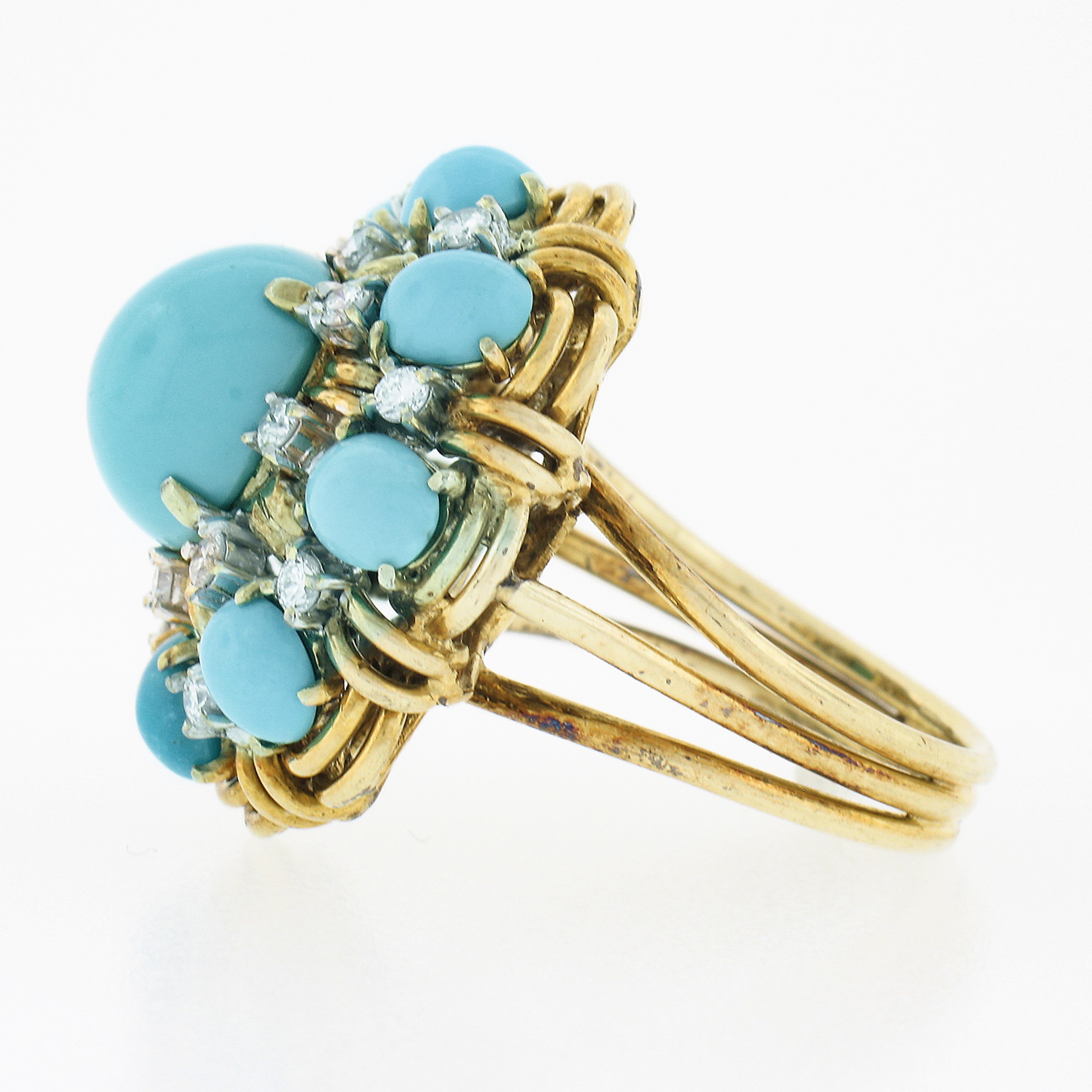 Women's Vintage 14k Gold 0.52ctw Cabochon Turquoise & Diamond Handmade Wire Work Ring For Sale