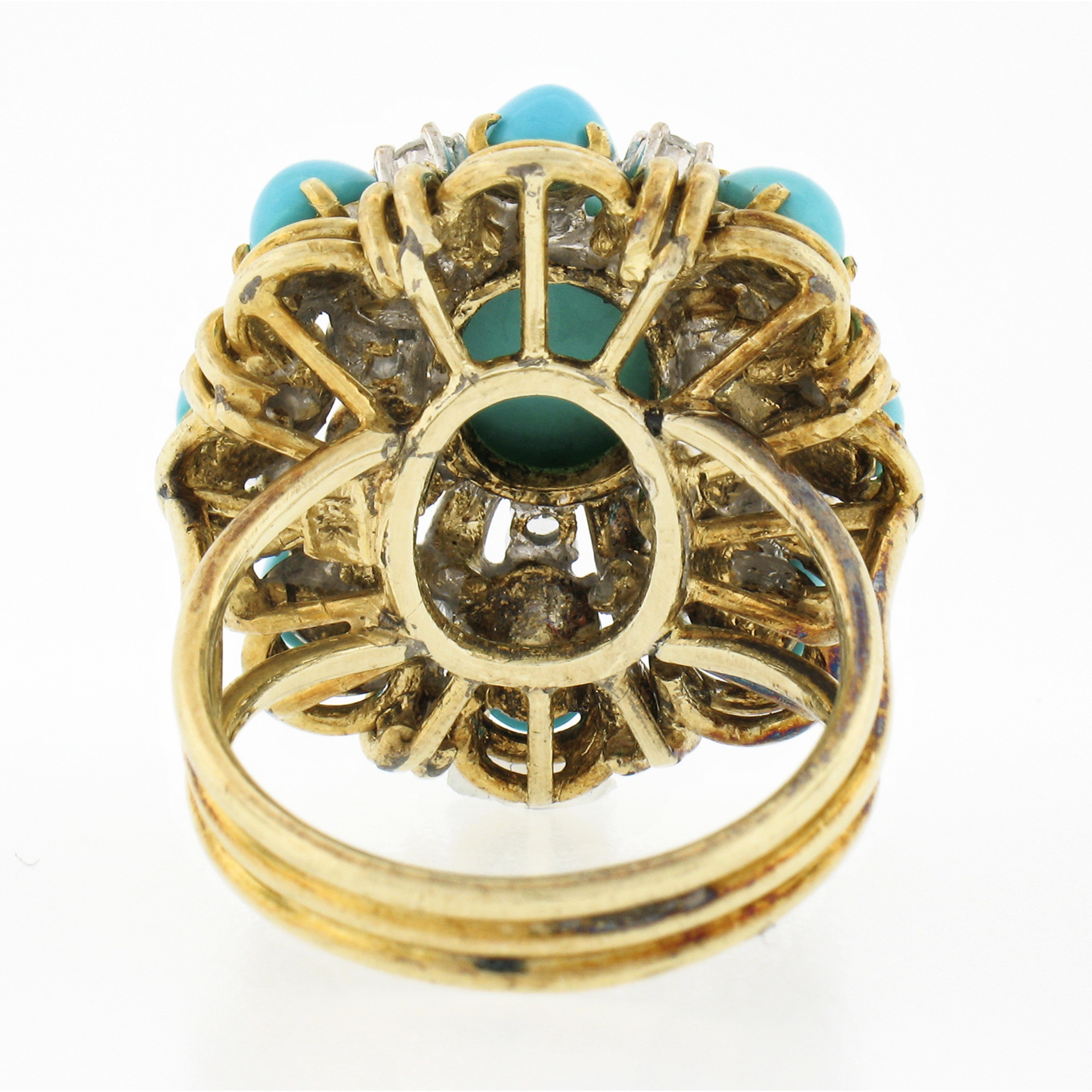 Vintage 14k Gold 0.52ctw Cabochon Turquoise & Diamond Handmade Wire Work Ring For Sale 1