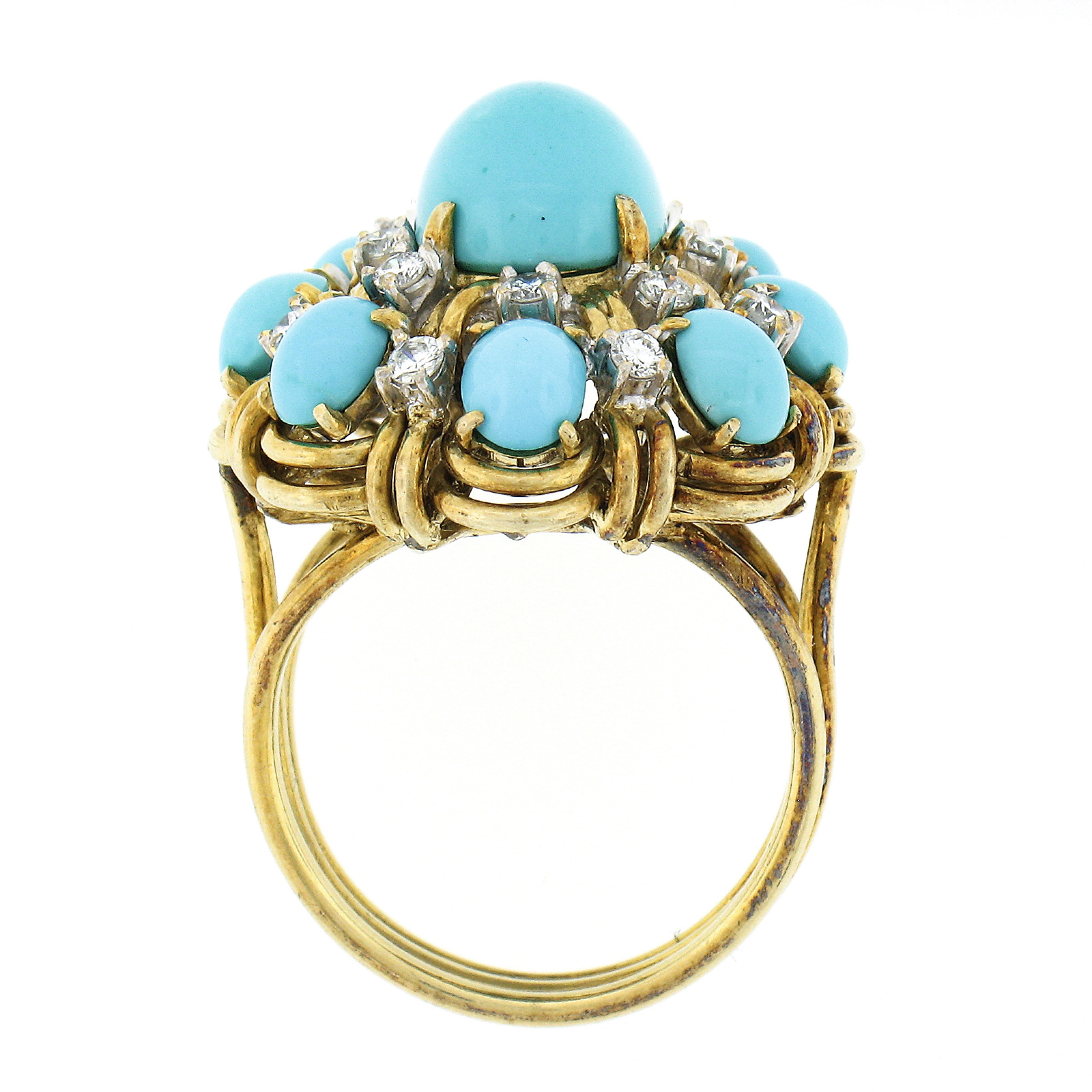 Vintage 14k Gold 0.52ctw Cabochon Turquoise & Diamond Handmade Wire Work Ring For Sale 2