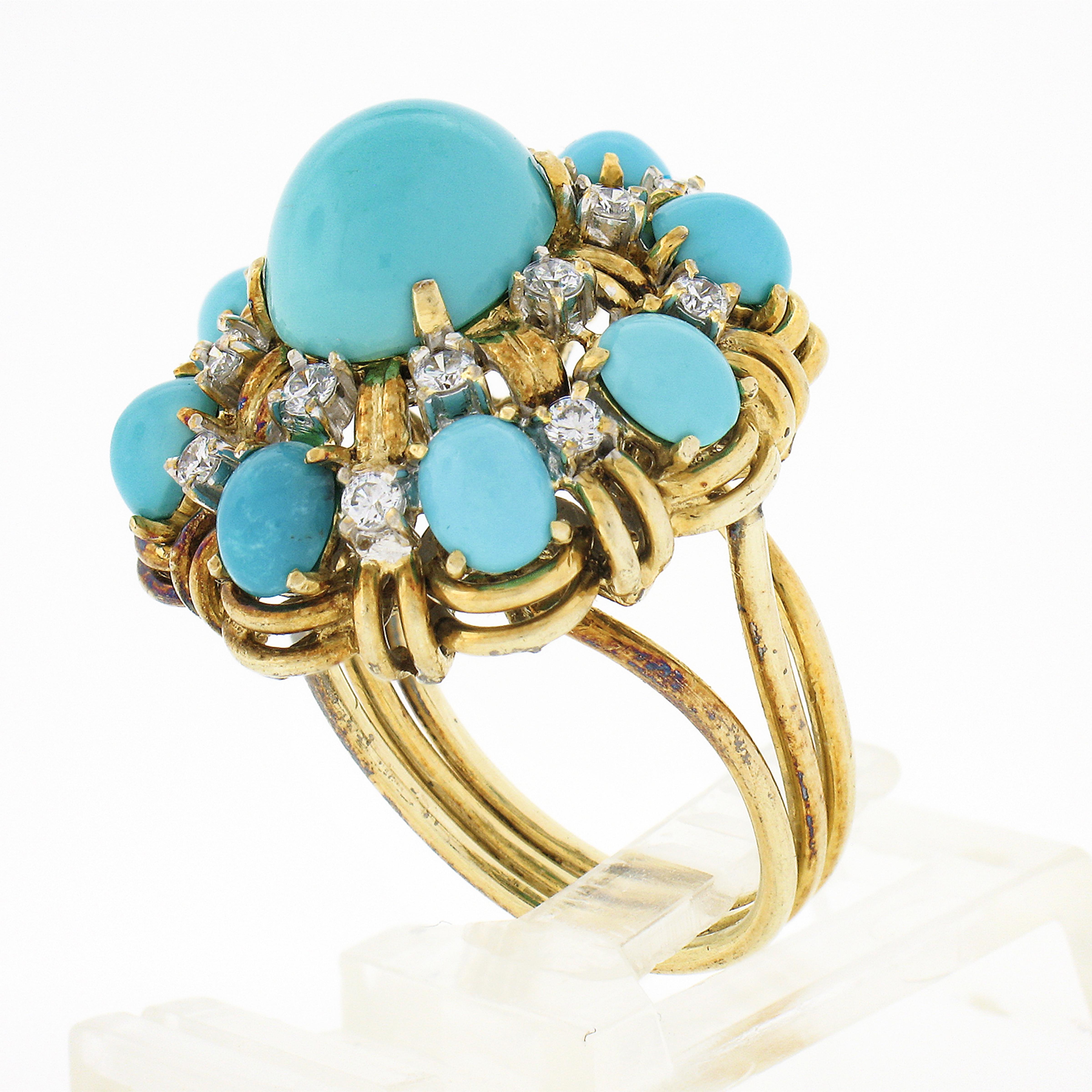 Vintage 14k Gold 0.52ctw Cabochon Turquoise & Diamond Handmade Wire Work Ring For Sale 3