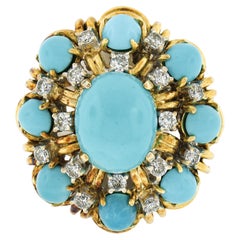 Vintage 14k Gold 0.52ctw Cabochon Turquoise & Diamond Handmade Wire Work Ring