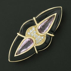 Vintage 14k Gold 0.60ctw Pave Diamond Pink Topaz & Black Onyx Large Brooch Pin