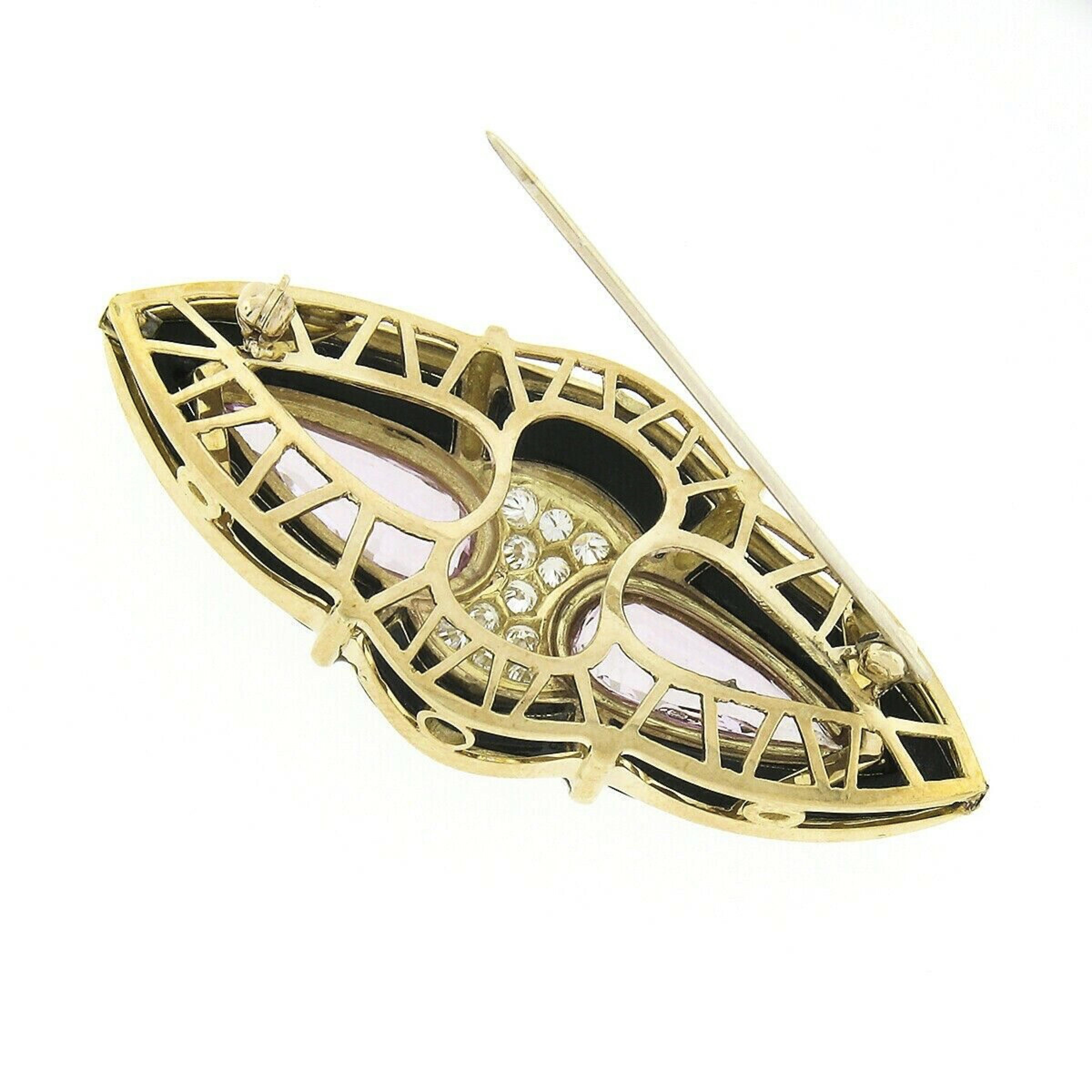 Vintage 14k Gold 0.60ctw Pave Diamond Pink Topaz & Black Onyx Large Brooch Pin In Good Condition For Sale In Montclair, NJ
