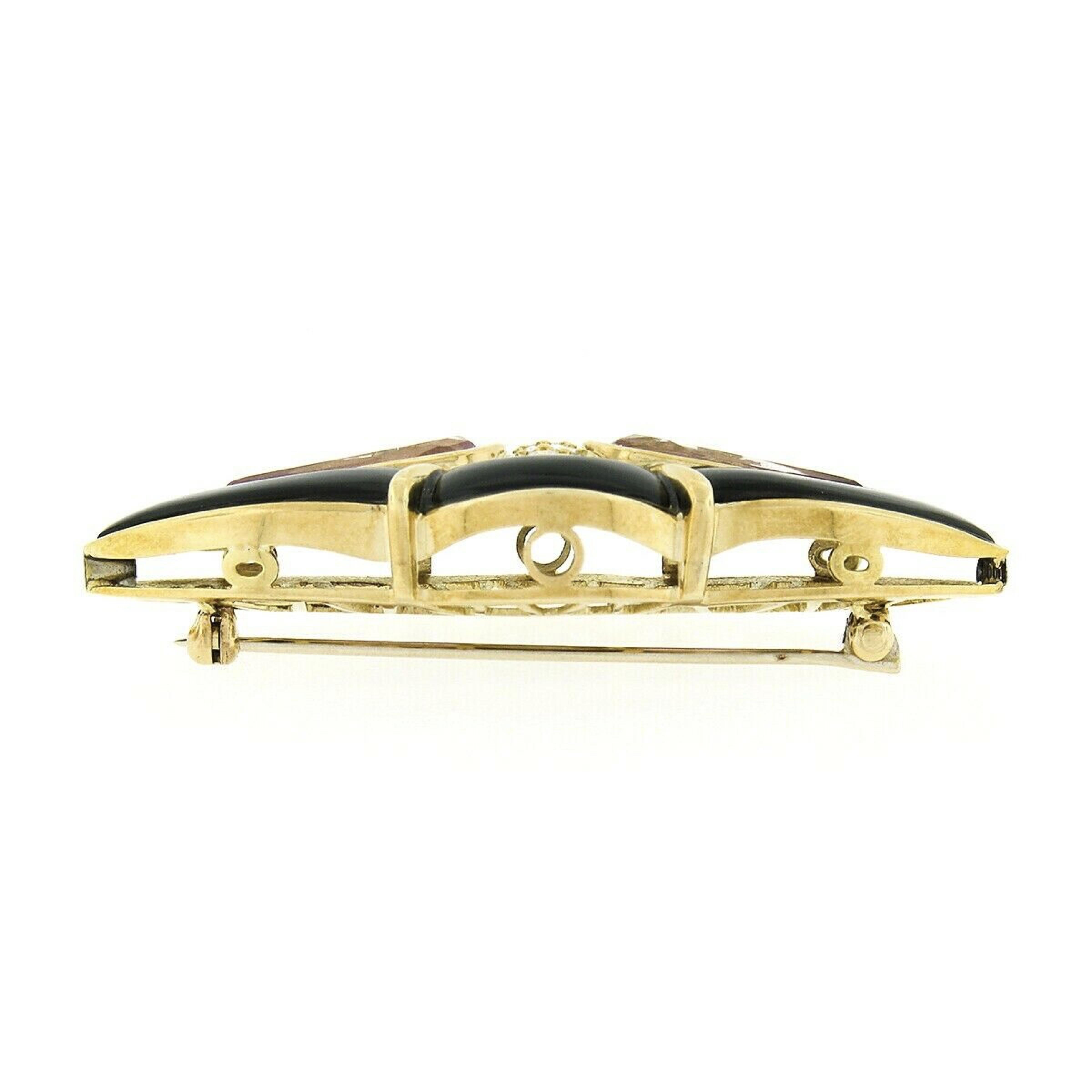 Women's or Men's Vintage 14k Gold 0.60ctw Pave Diamond Pink Topaz & Black Onyx Large Brooch Pin For Sale