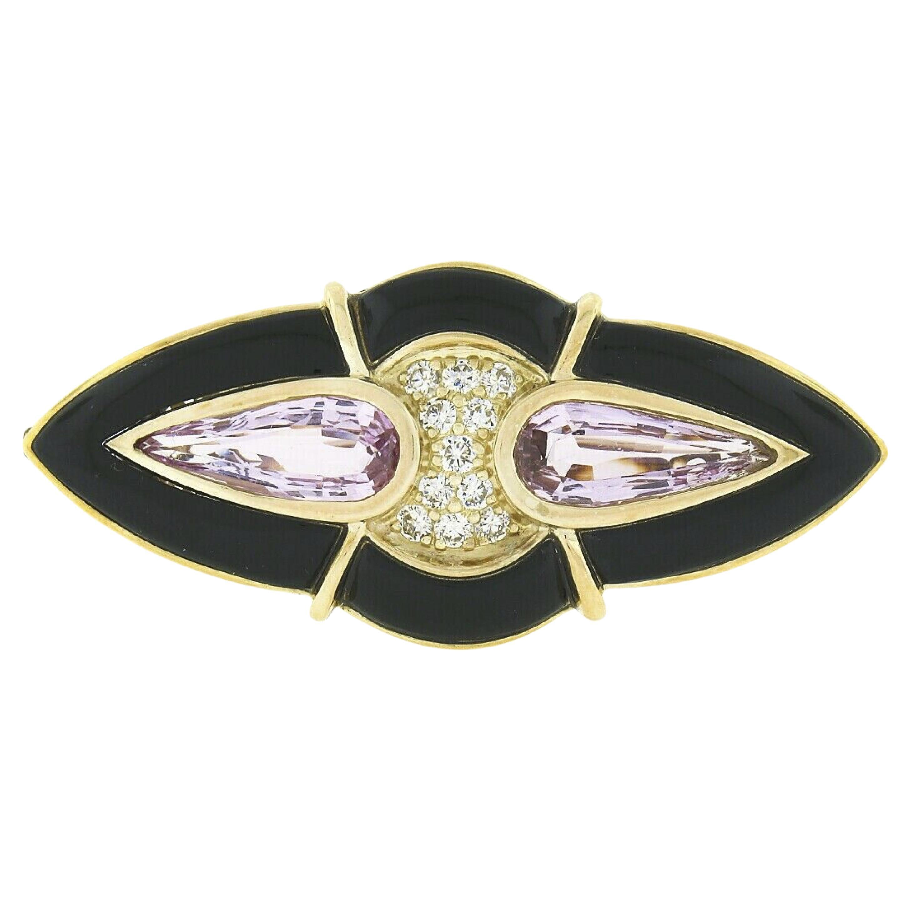 Vintage 14k Gold 0.60ctw Pave Diamond Pink Topaz & Black Onyx Large Brooch Pin For Sale