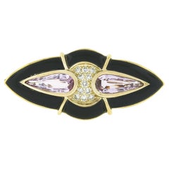 Vintage 14k Gold 0.60ctw Pave Diamond Pink Topaz & Black Onyx Large Brooch Pin