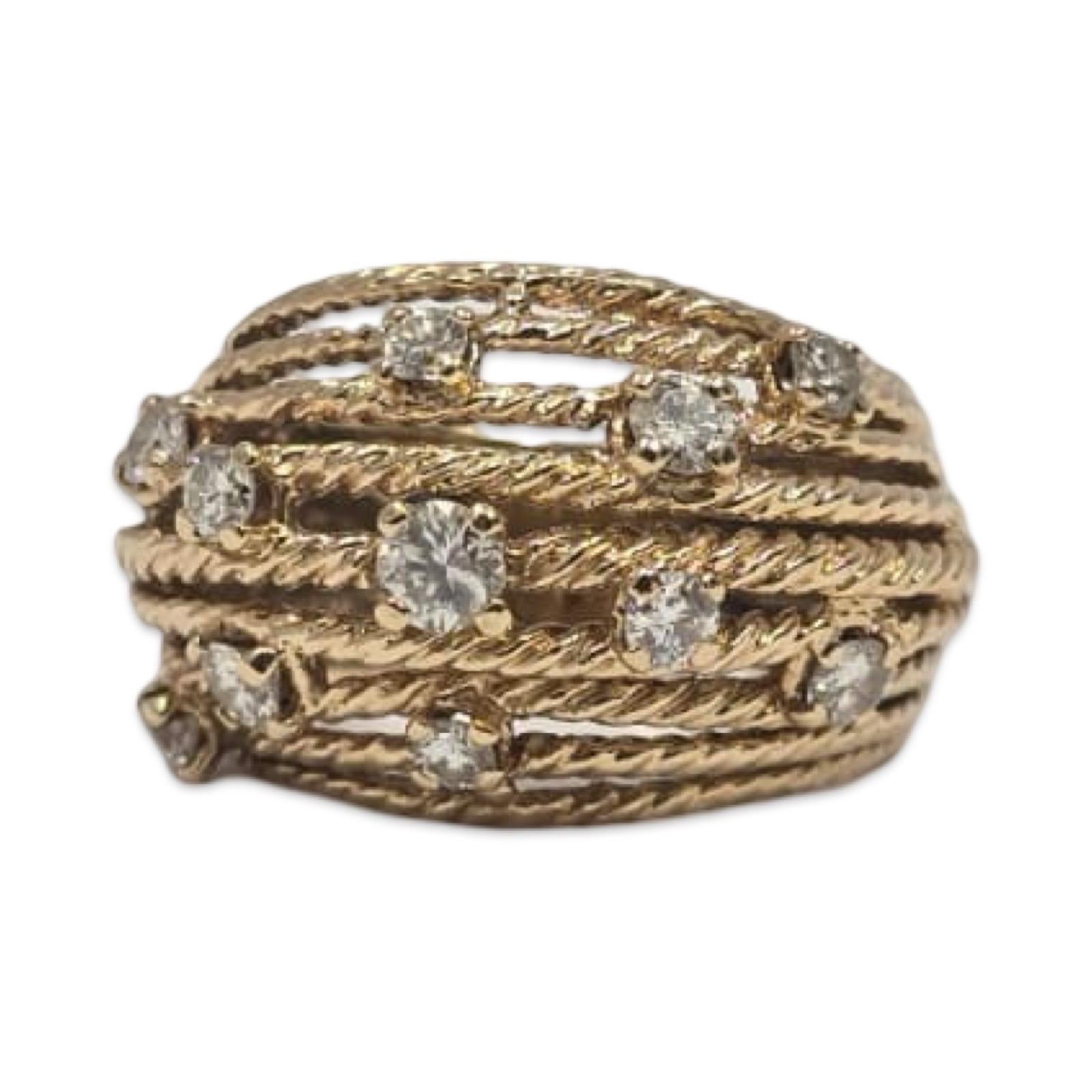 Vintage 14K Gold 0.65ct VS Diamond Multi-Row Rope Dome Ring en vente 1