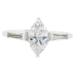 Vintage 14k Gold 0.94ctw GIA Marquise Diamond w/ Baguette Sides Engagement Ring