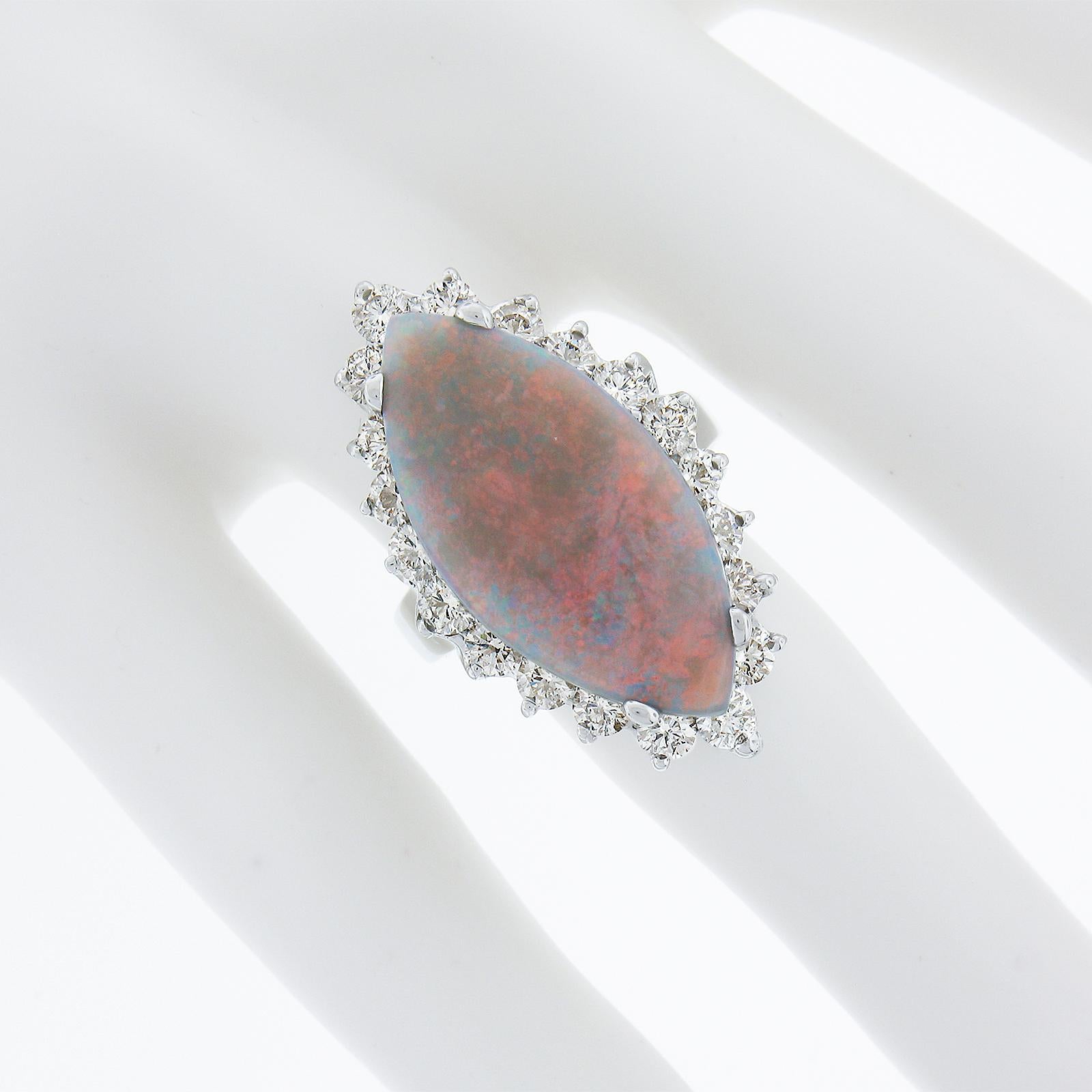 Marquise Cut Vintage 14k Gold 10.28ct GIA Marquise Cabochon Opal & Diamond Halo Cocktail Ring For Sale