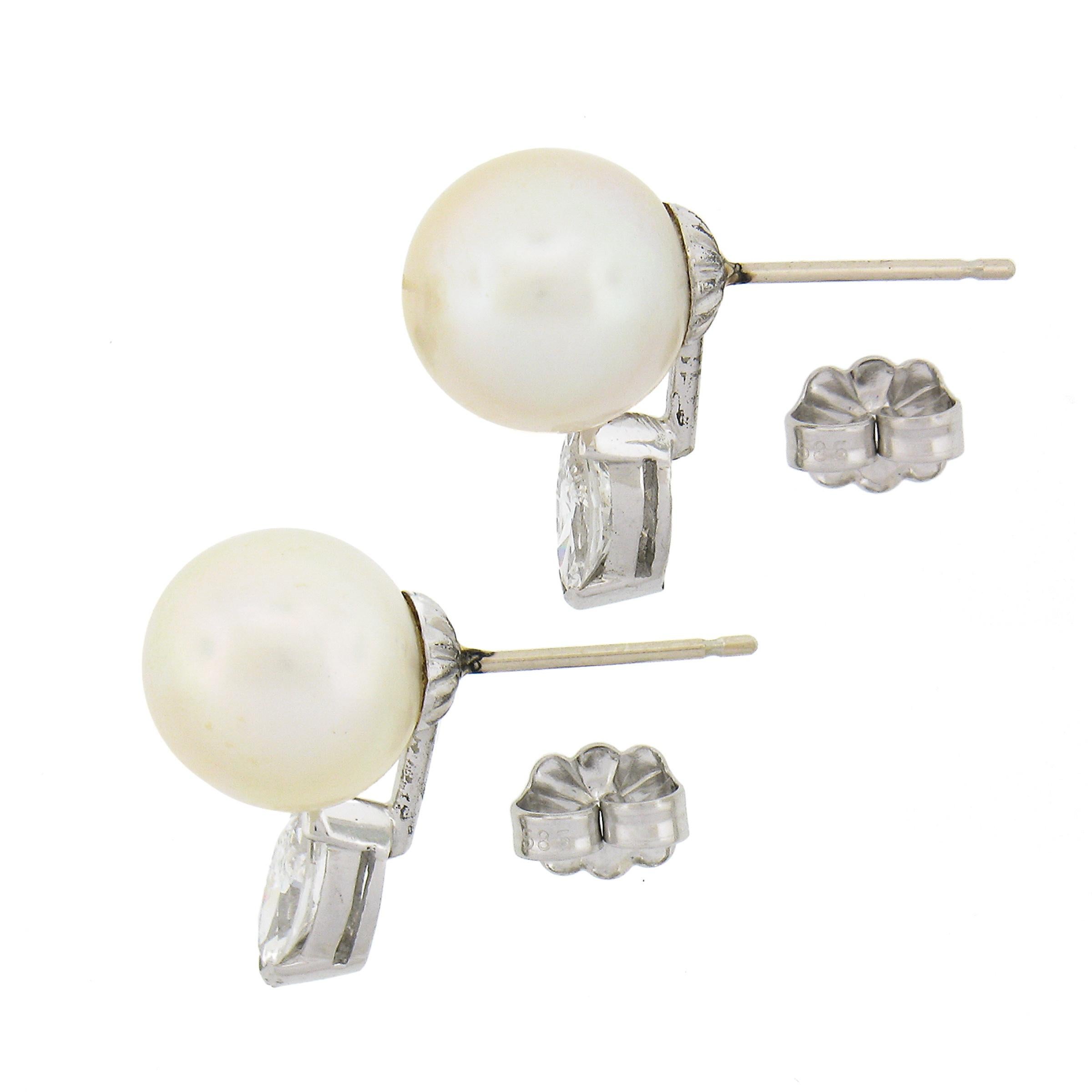 Vintage 14k Gold 10mm FINE Cultured Pearl & 0.65ctw Diamond Drop Stud Earrings In Excellent Condition For Sale In Montclair, NJ