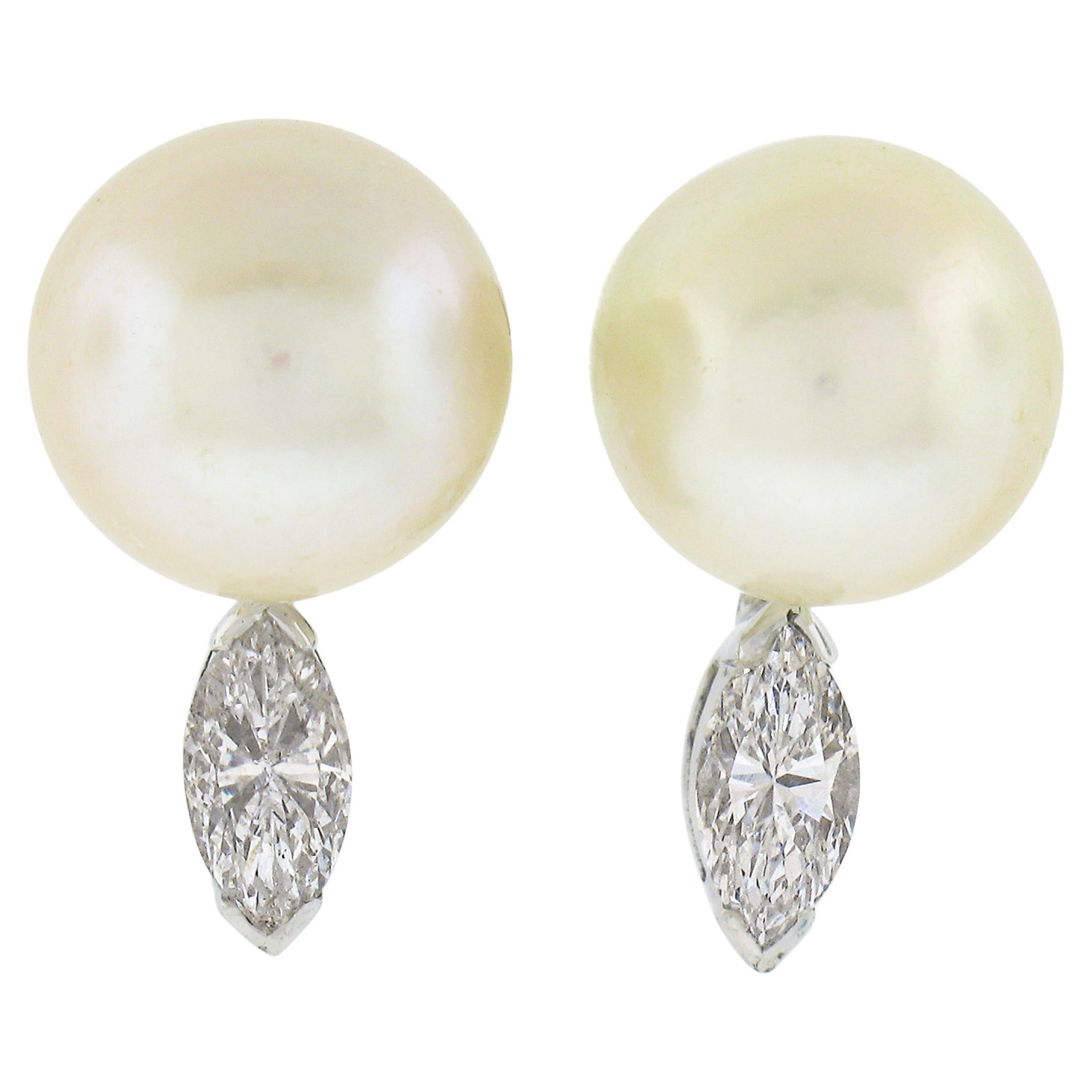 Vintage 14k Gold 10mm FINE Cultured Pearl & 0.65ctw Diamond Drop Stud Earrings For Sale