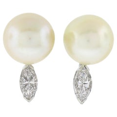 Vintage 14k Gold 10mm FINE Cultured Pearl & 0.65ctw Diamond Drop Stud Earrings