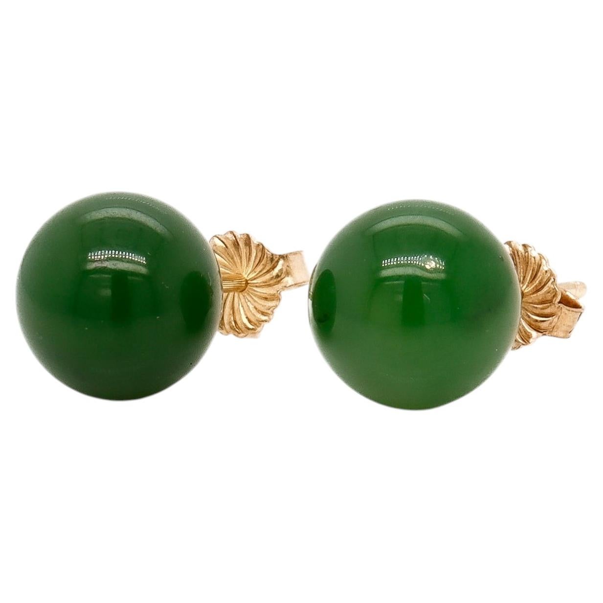 Orecchini vintage in oro 14K con perline di giada nefrite verde da 10 mm