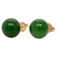Vintage 14K Gold & 10mm Green Nephrite Jade Bead Earrings