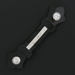 Vintage 14k Gold 1.14ctw Diamond Carved Black Onyx Fluer De Lis Bar Pin Brooch