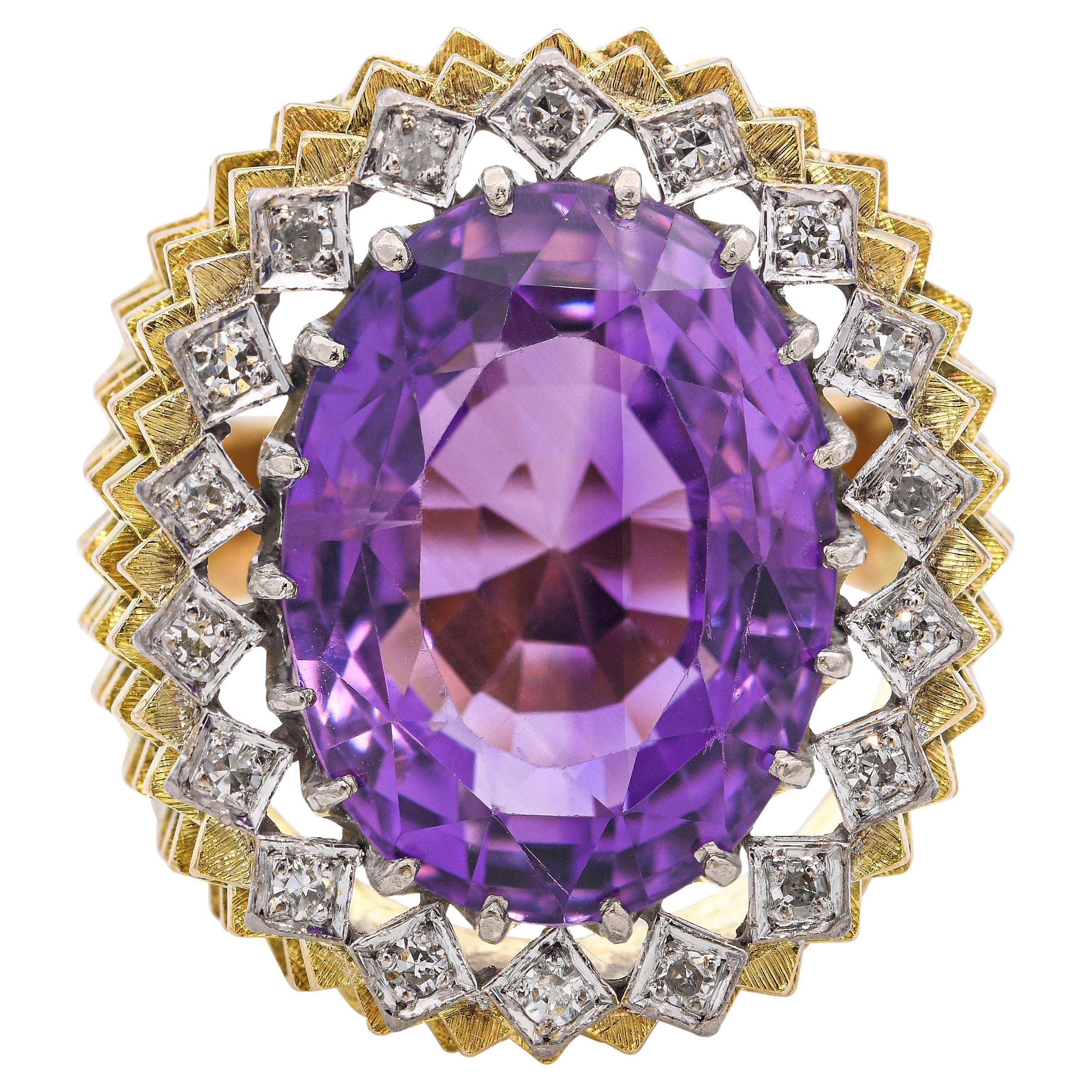 Vintage 14k Gold 11ct Amethyst and Diamond Cocktail Ring