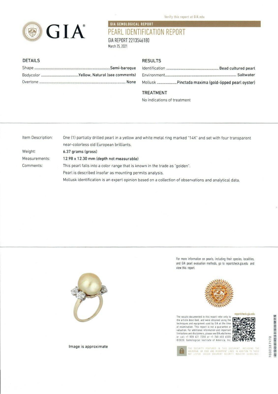 Bague vintage en or 14 carats avec perle dorée des mers du Sud de 12 mm certifiée GIA et diamants de 2 carats d'Europe en vente 5