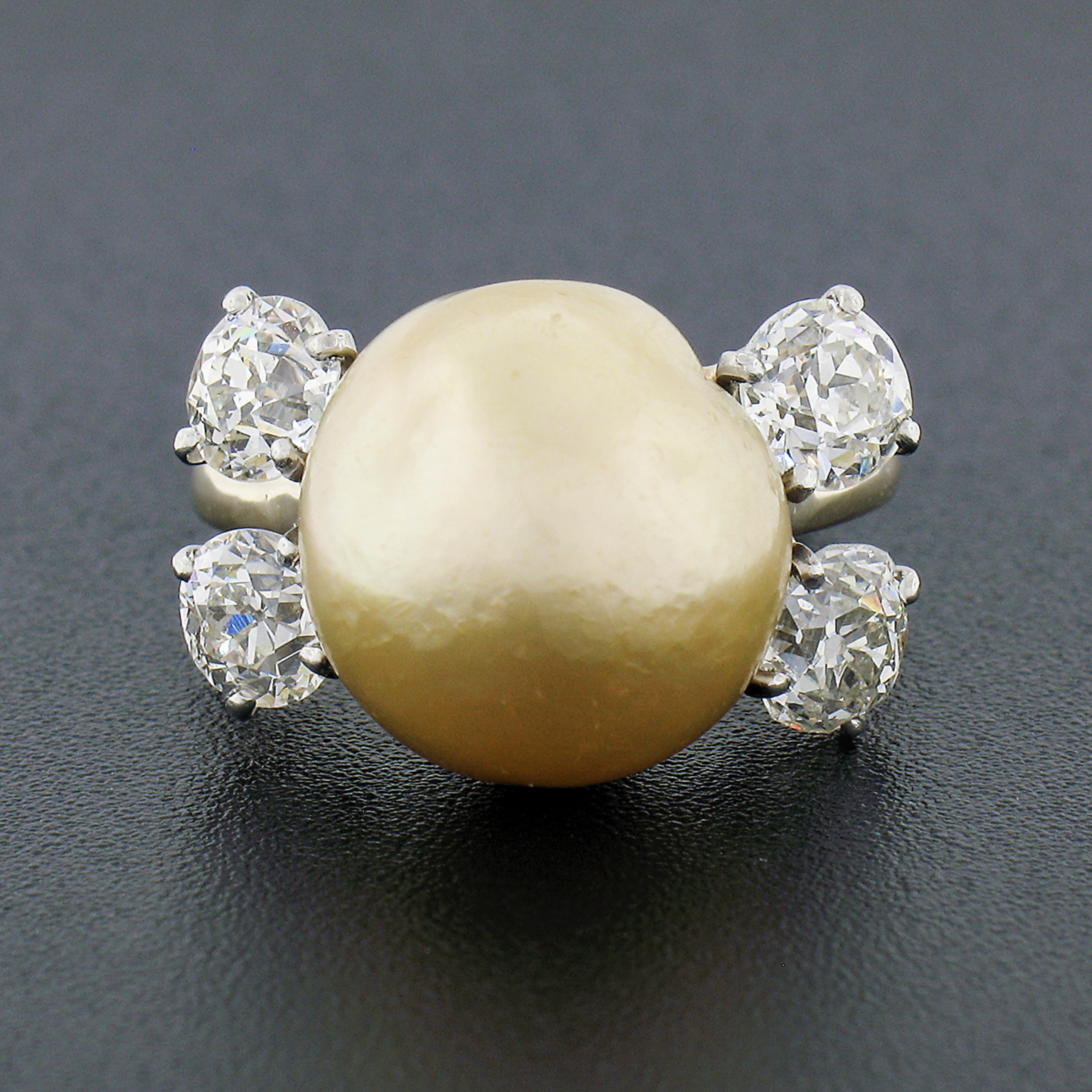 Round Cut Vintage 14k Gold GIA Golden South Sea Pearl Old European 2ctw Diamond Ring For Sale