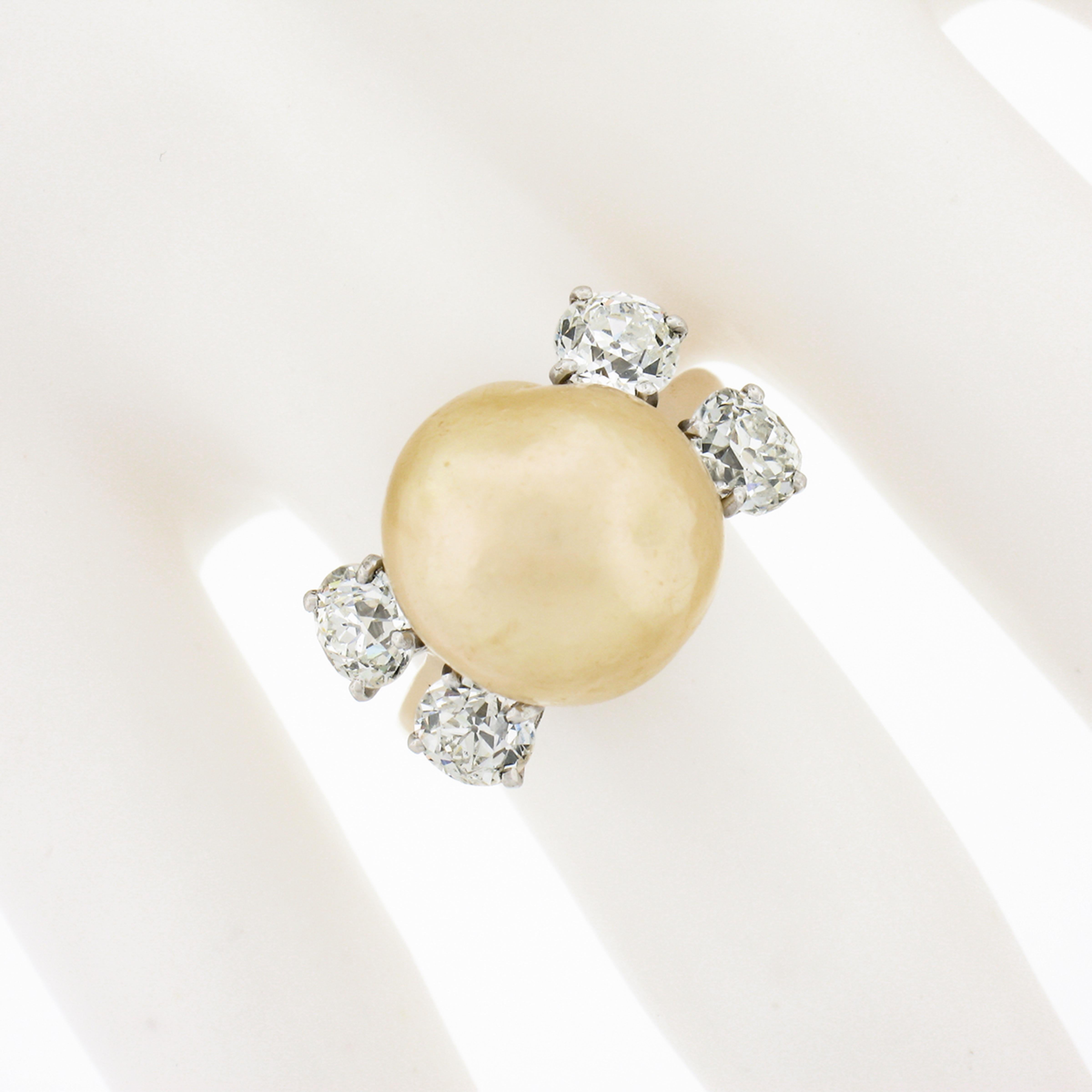 Vintage 14k Gold GIA Golden South Sea Pearl Old European 2ctw Diamond Ring In Excellent Condition For Sale In Montclair, NJ