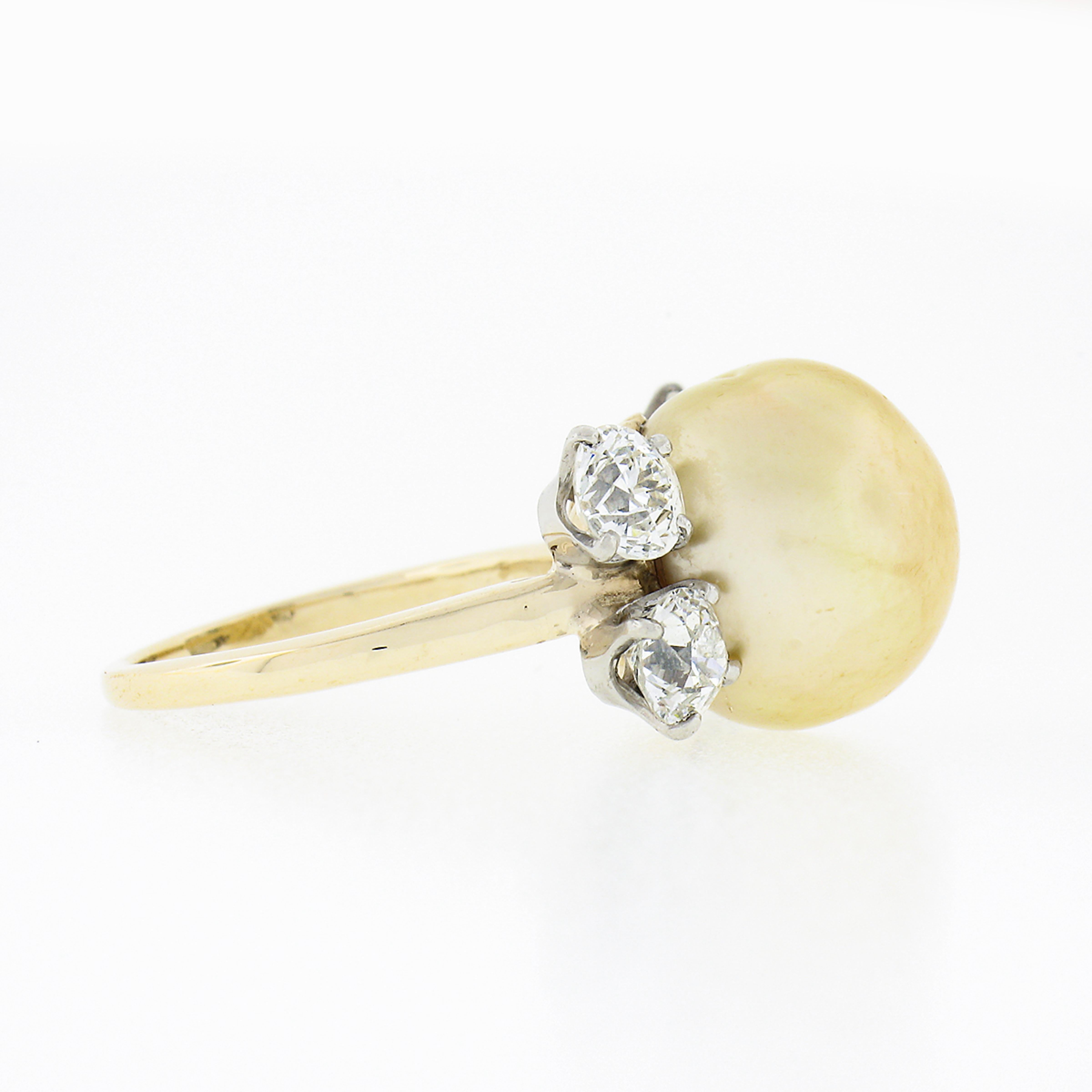 Women's Vintage 14k Gold GIA Golden South Sea Pearl Old European 2ctw Diamond Ring For Sale