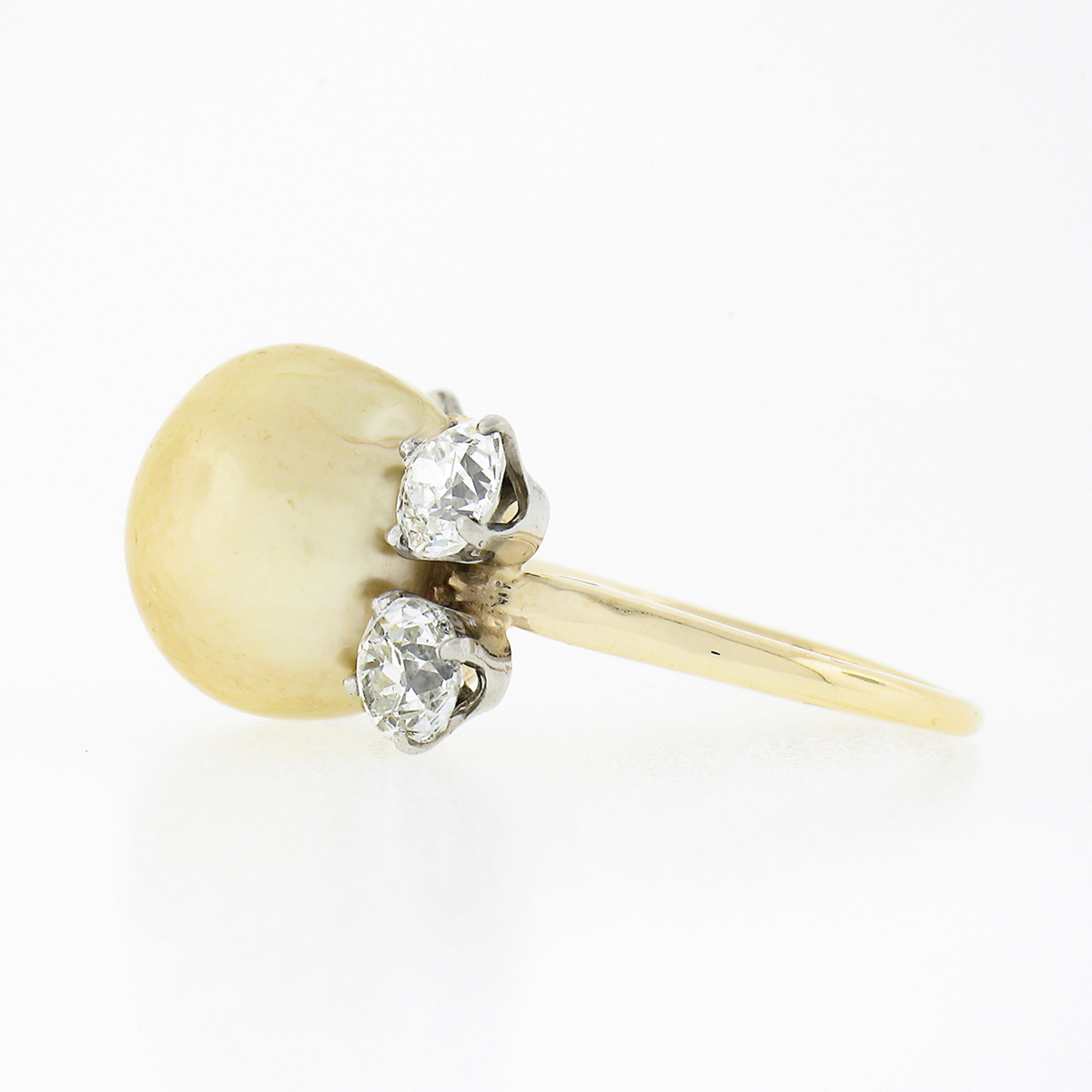 Vintage 14k Gold GIA Golden South Sea Pearl Old European 2ctw Diamond Ring For Sale 1