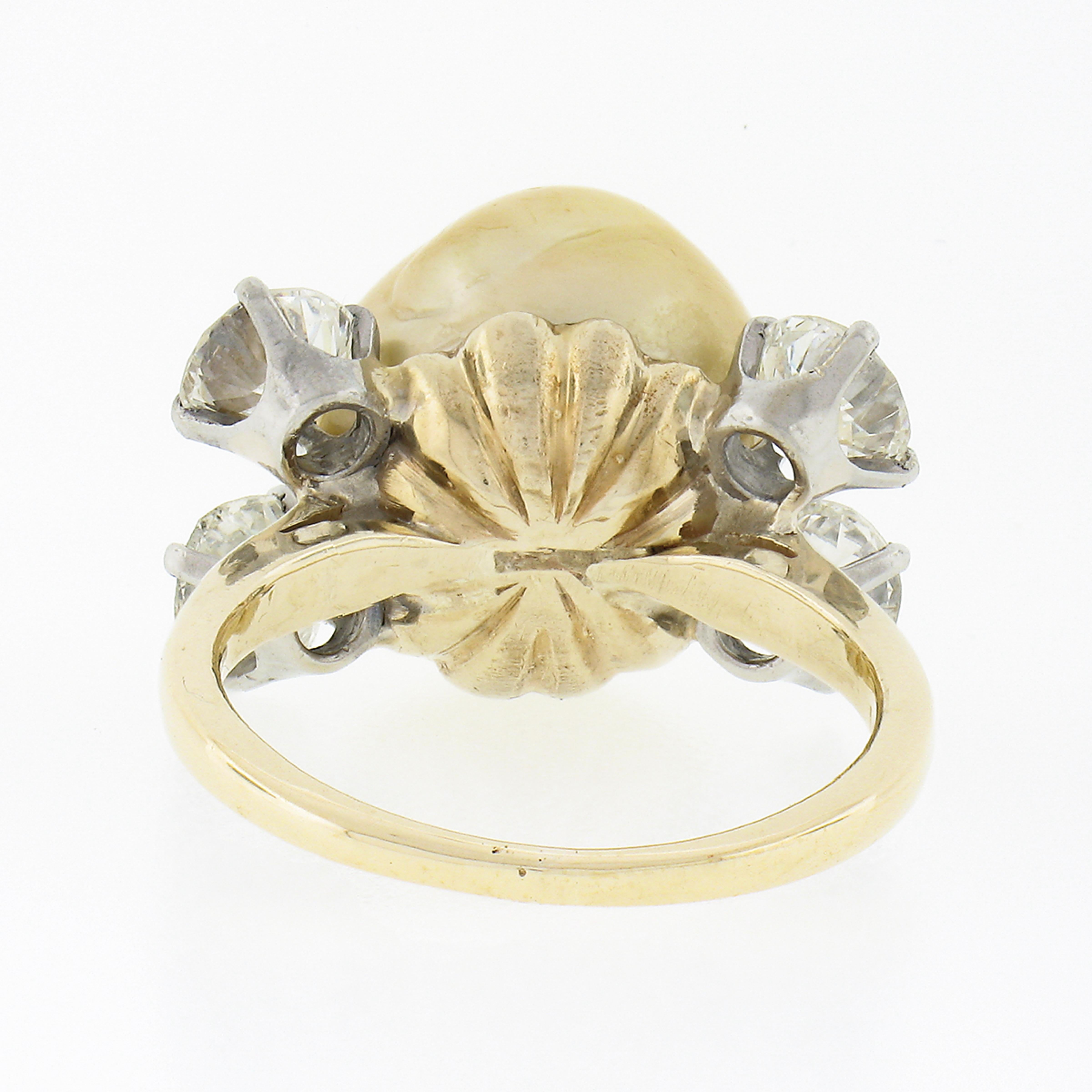 Vintage 14k Gold GIA Golden South Sea Pearl Old European 2ctw Diamond Ring For Sale 2