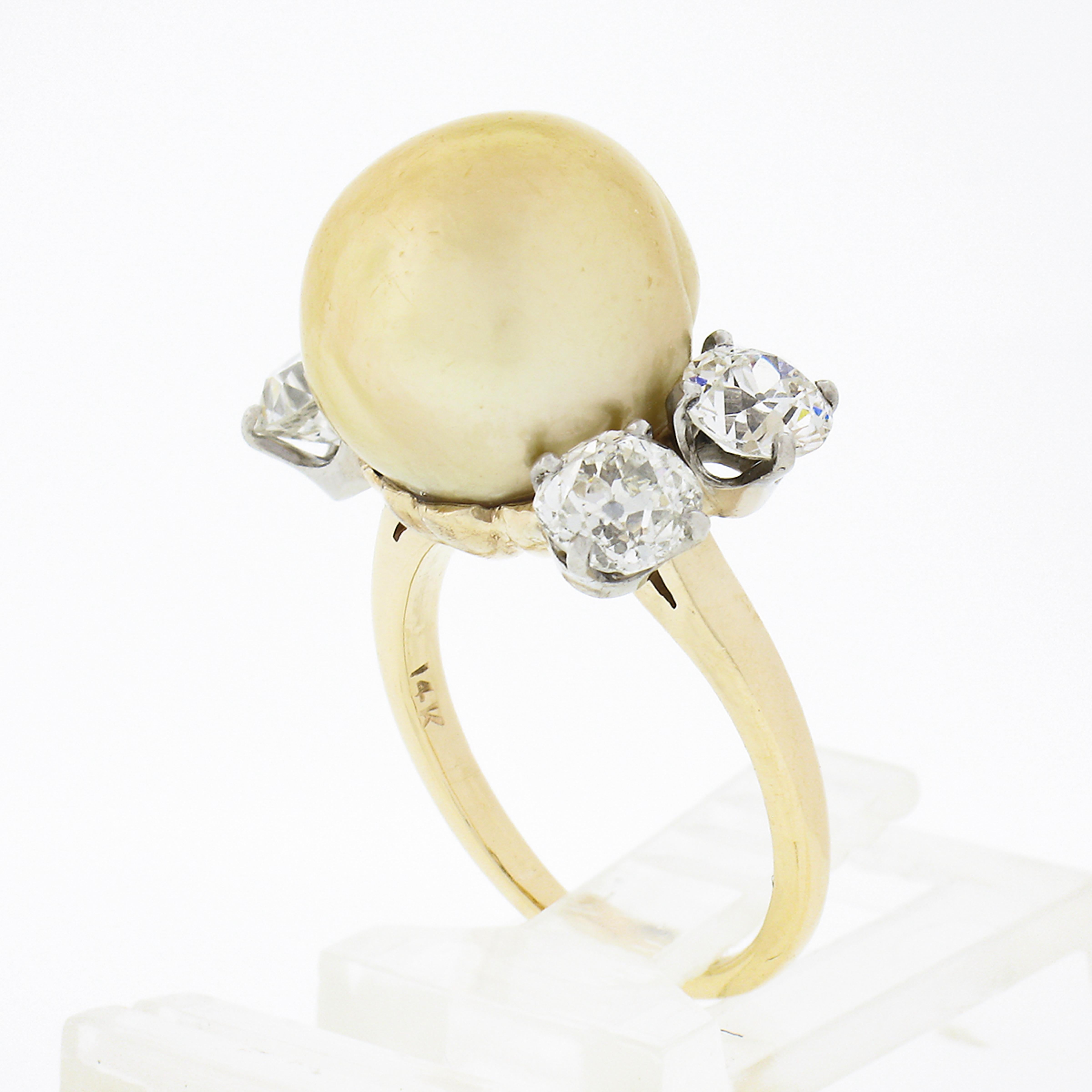 Vintage 14k Gold GIA Golden South Sea Pearl Old European 2ctw Diamond Ring For Sale 3
