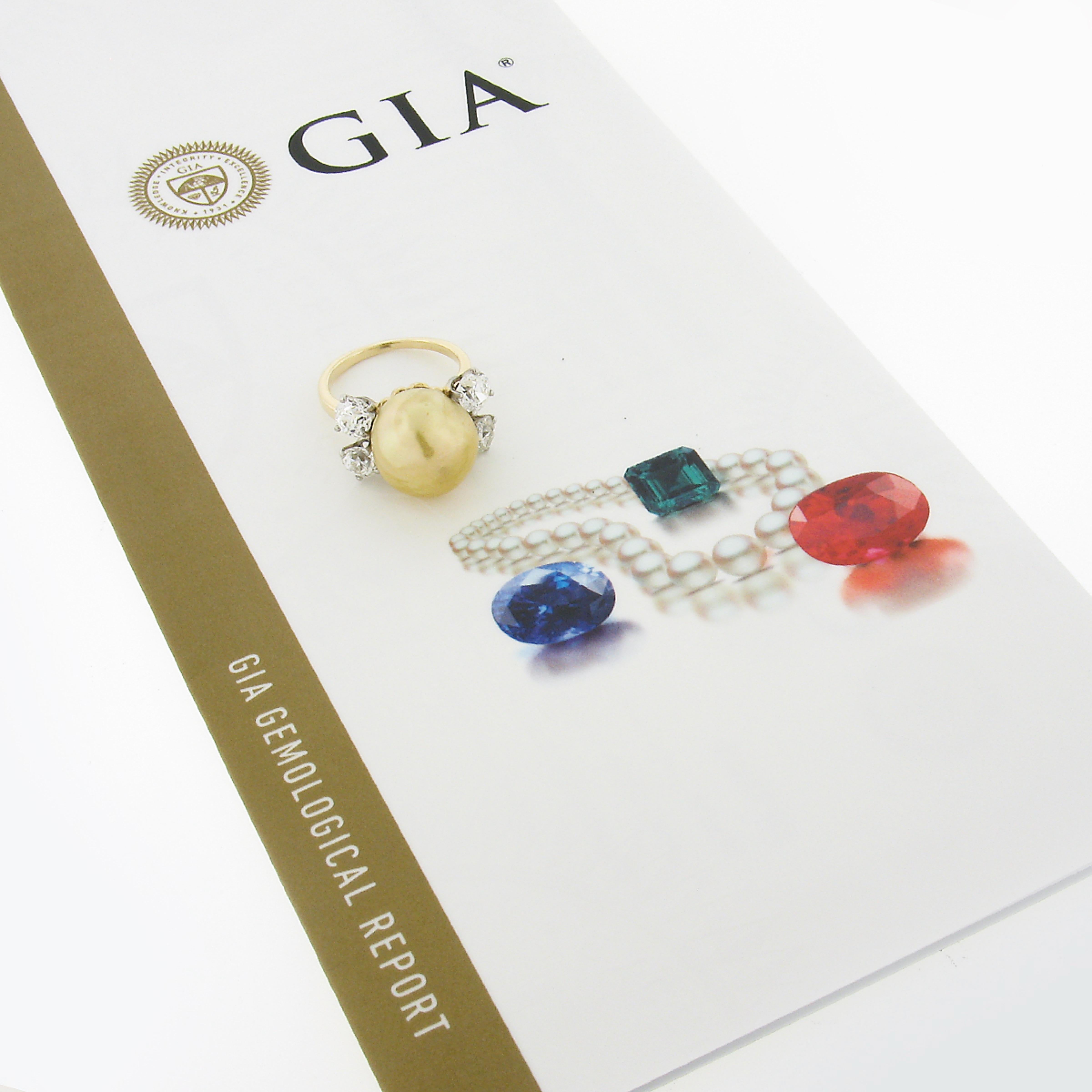 Bague vintage en or 14 carats avec perle dorée des mers du Sud de 12 mm certifiée GIA et diamants de 2 carats d'Europe en vente 4