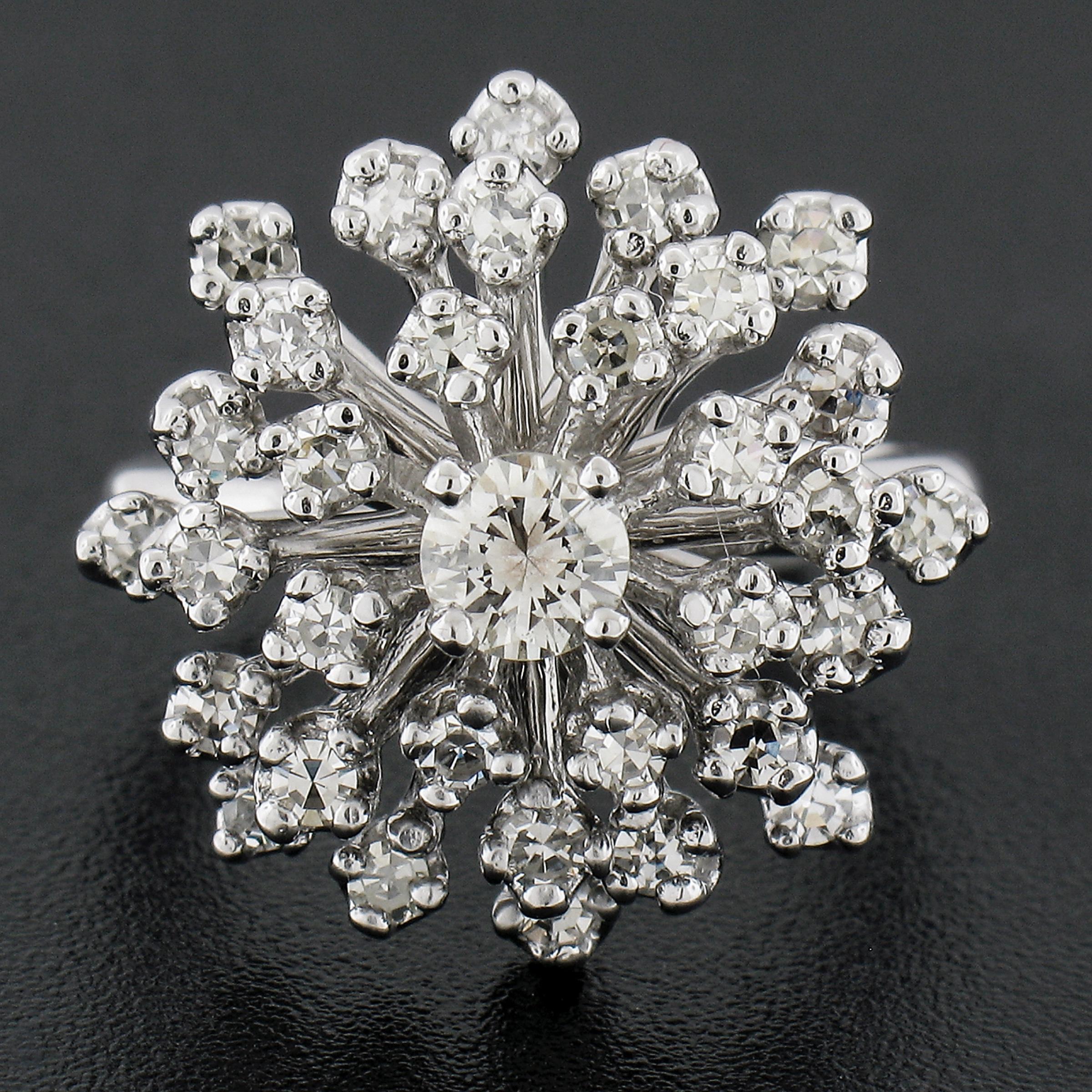 Round Cut Vintage 14K Gold 1.30ctw Old Single Cut Diamond Snowflake Spray Cluster Ring For Sale