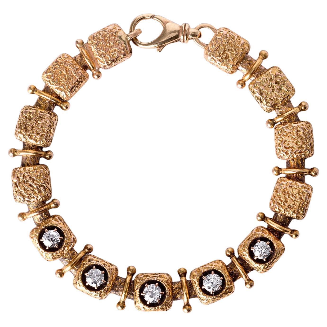 Vintage 14K Gold 1.50 Carats TW Old European Cut Diamond Cube Link Bracelet