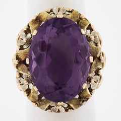 Vintage 14k Gold 16.3ct Oval Prong Amethyst Textured Floral Large Cocktail Ring