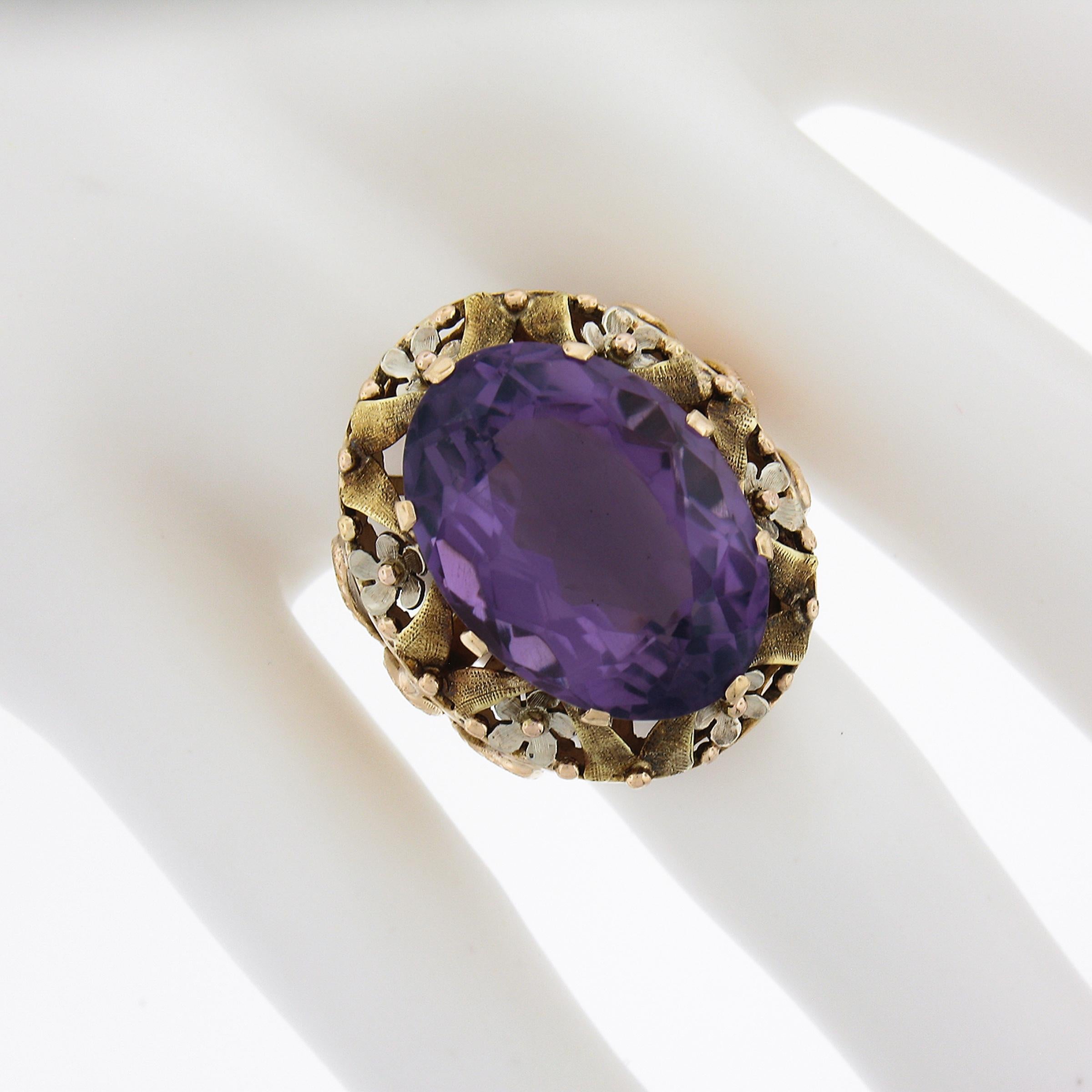 Vintage 14k Gold 16.3ct Oval Prong Amethyst Textured Floral Large Cocktail Ring In Excellent Condition For Sale In Montclair, NJ
