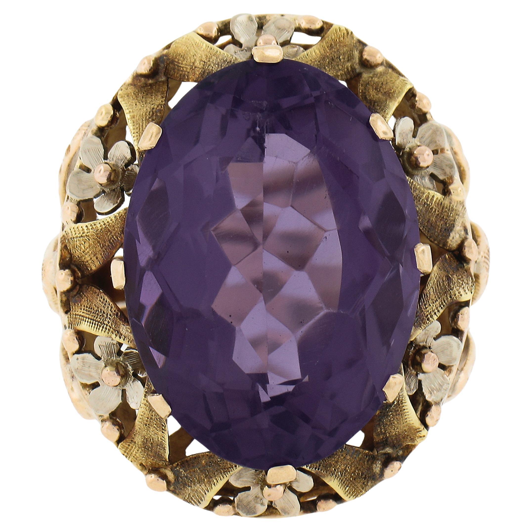 Vintage 14k Gold 16.3ct Oval Prong Amethyst Textured Floral Large Cocktail Ring For Sale