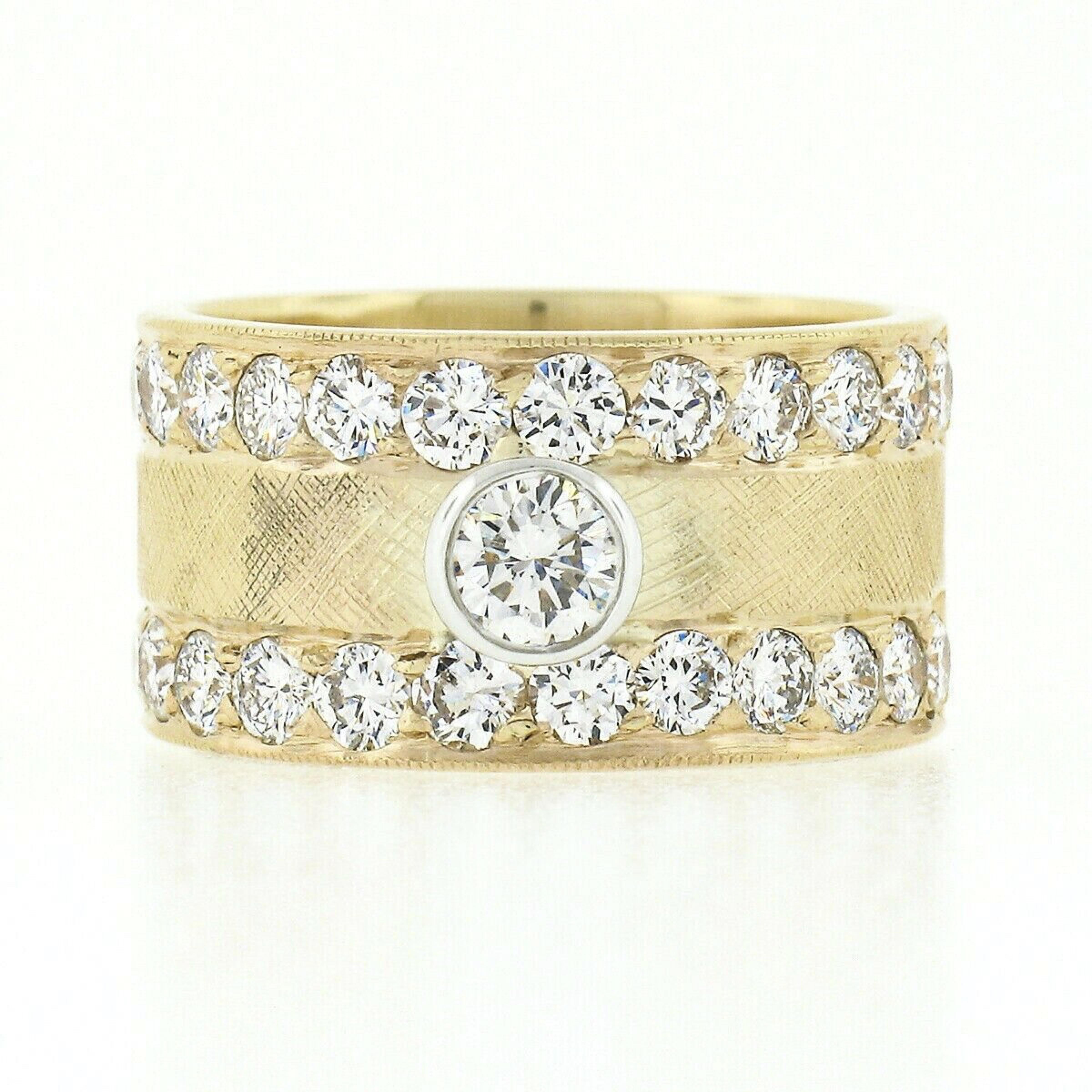 Round Cut Vintage 14k Gold 1.66ctw Round Bezel Diamond w/ Florentine Finish Wide Band Ring