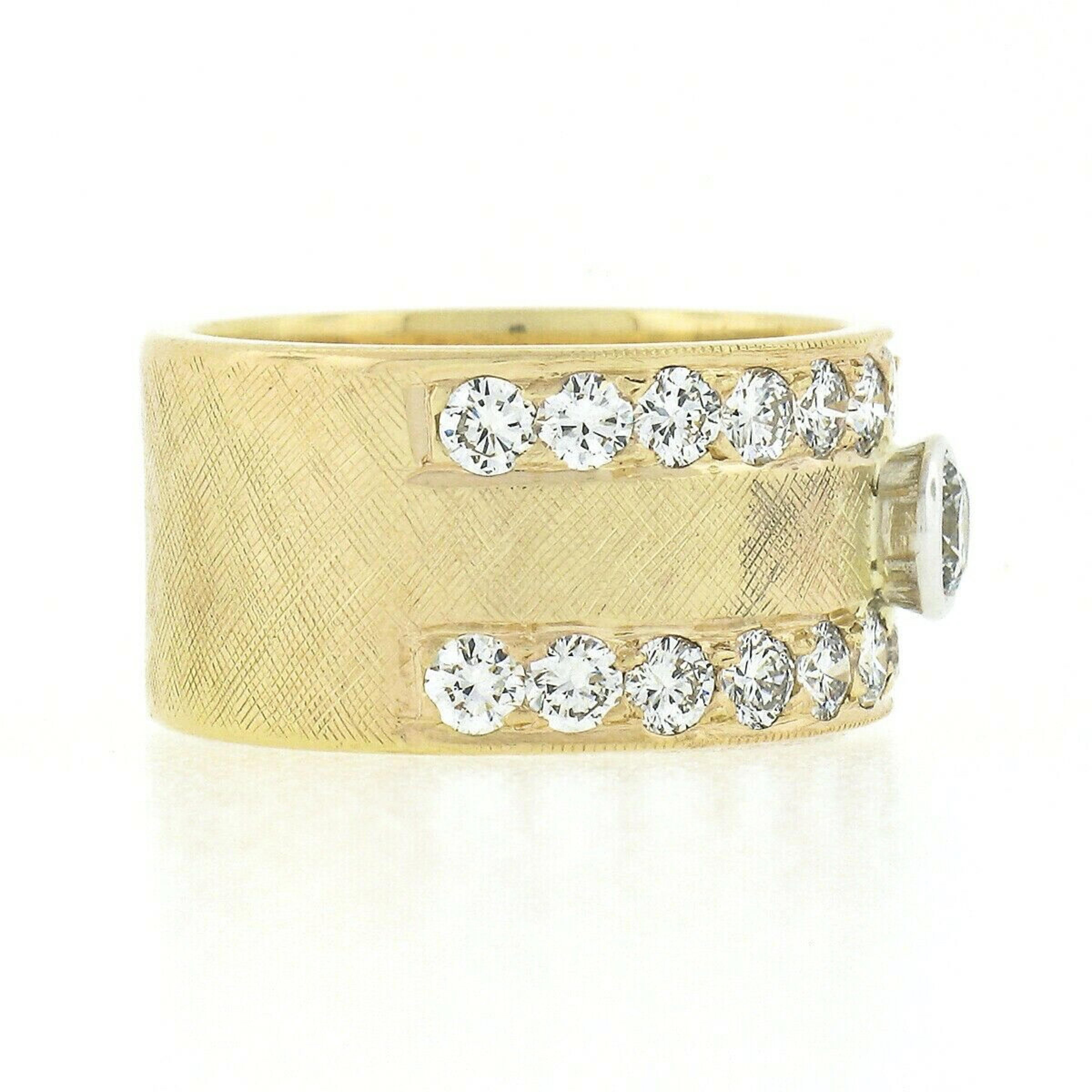 Vintage 14k Gold 1.66ctw Round Bezel Diamond w/ Florentine Finish Wide Band Ring In Good Condition In Montclair, NJ
