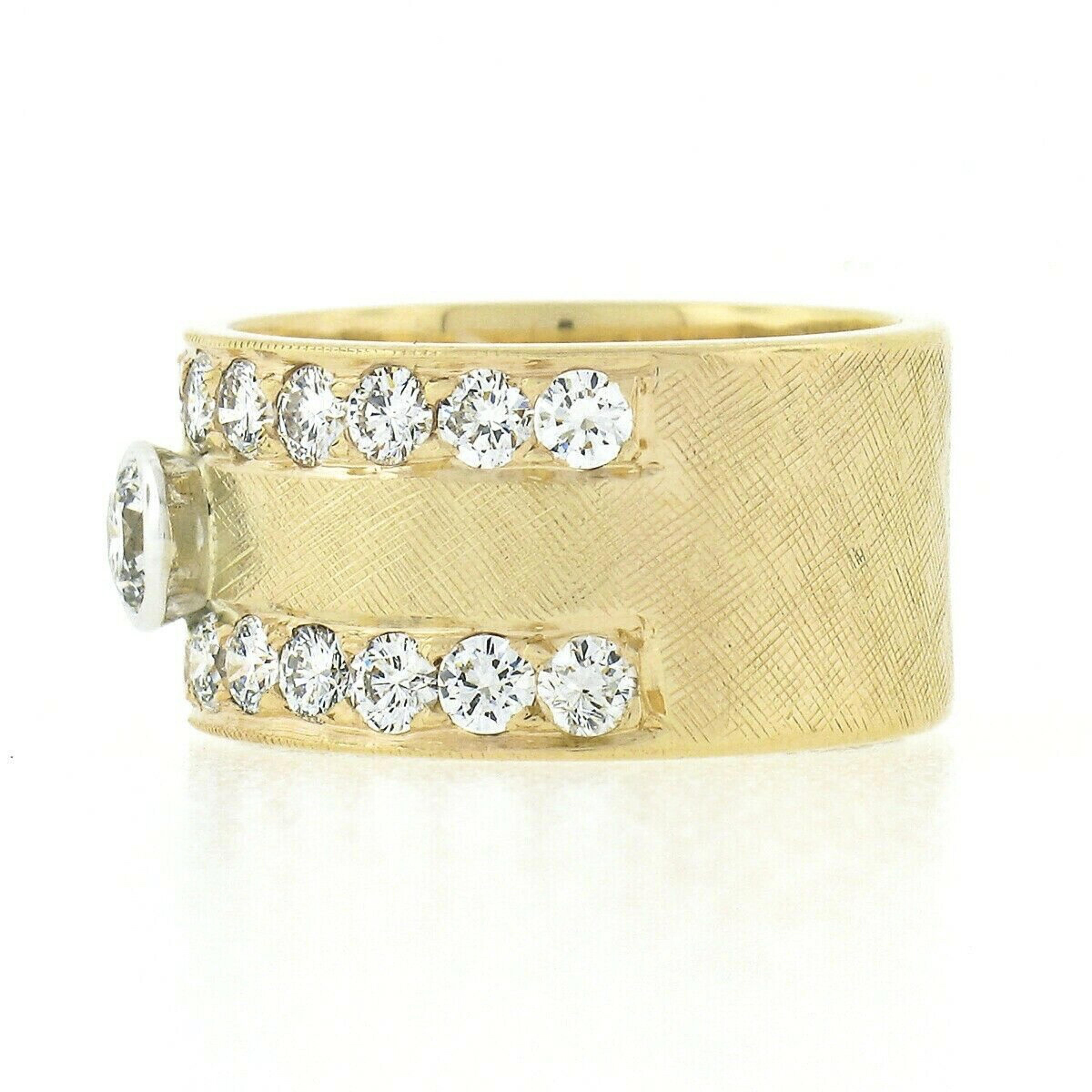 Women's Vintage 14k Gold 1.66ctw Round Bezel Diamond w/ Florentine Finish Wide Band Ring