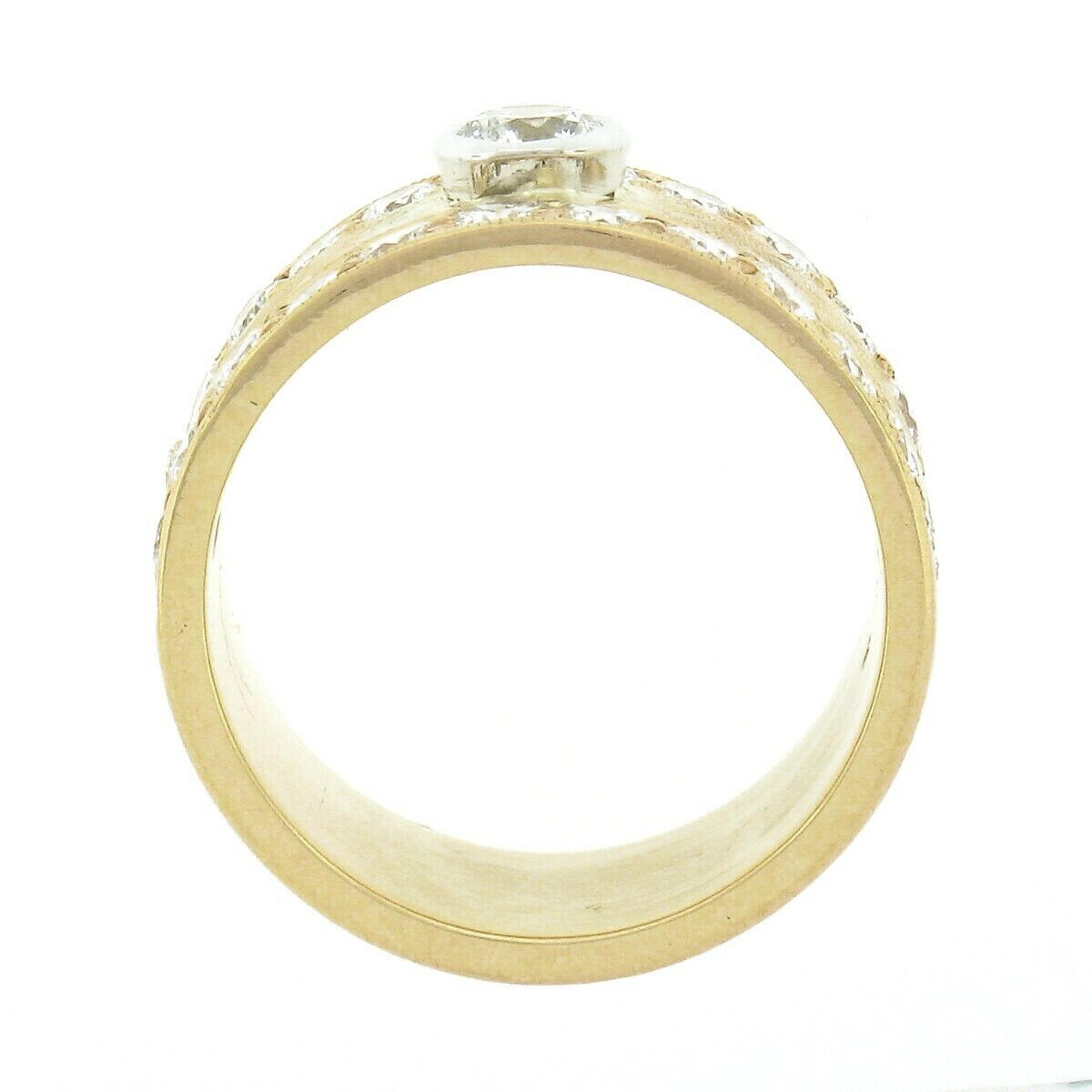 Vintage 14k Gold 1.66ctw Round Bezel Diamond w/ Florentine Finish Wide Band Ring 2