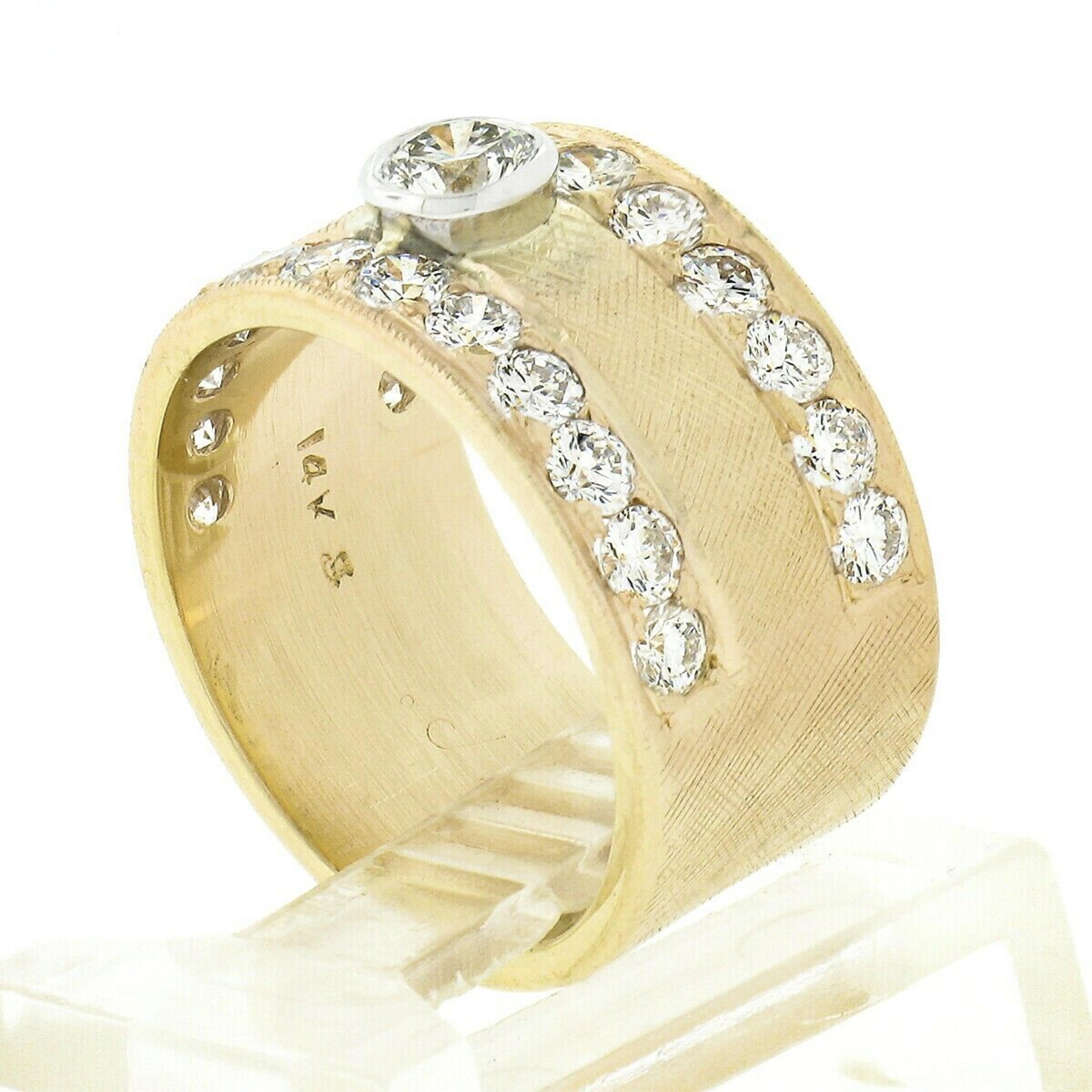 Vintage 14k Gold 1.66ctw Round Bezel Diamond w/ Florentine Finish Wide Band Ring 3