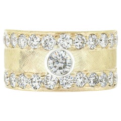 Vintage 14k Gold 1.66ctw Round Bezel Diamond w/ Florentine Finish Wide Band Ring