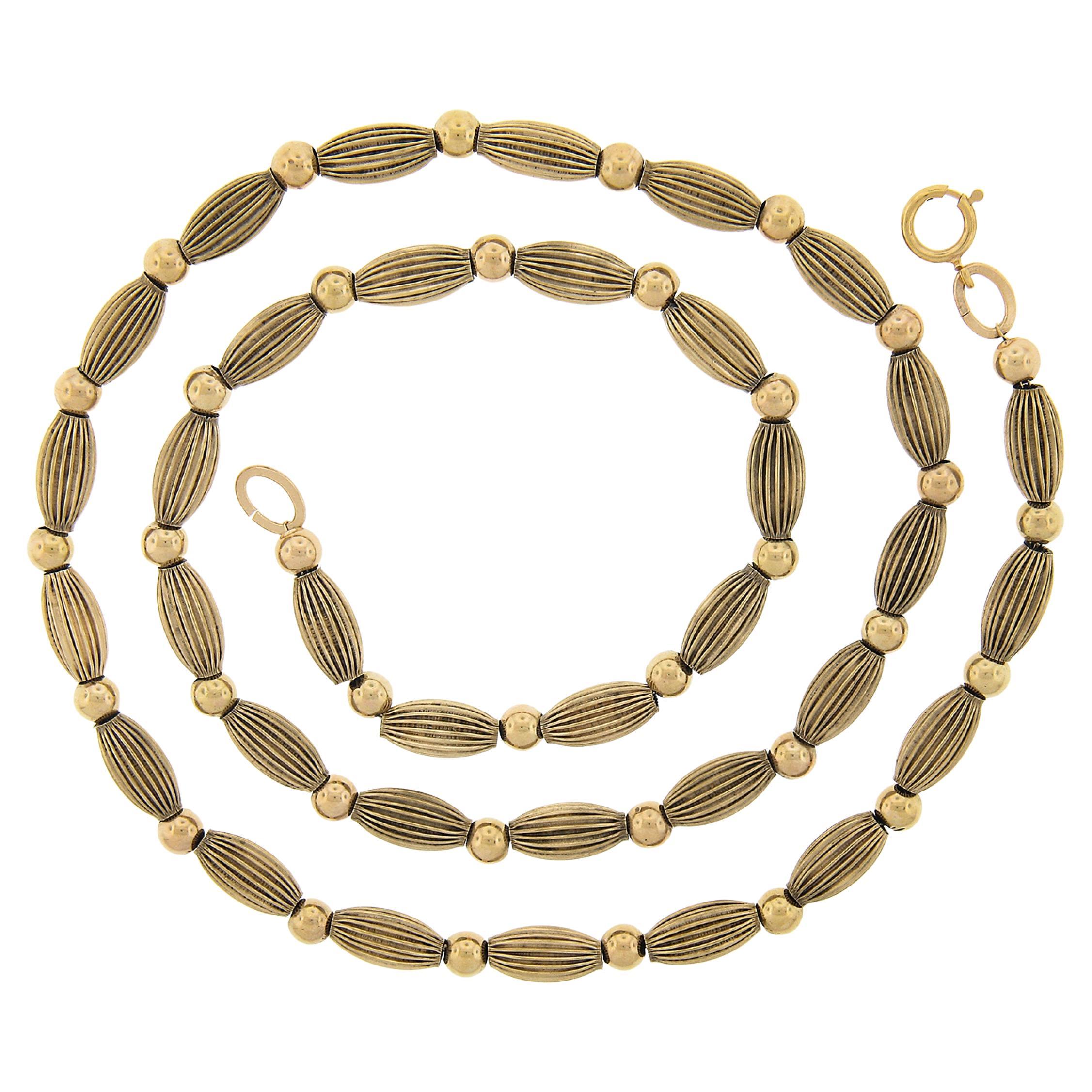 Vintage 14k Gold 18" Alternating Grooved & Polished Bead on Cable Link Necklace