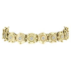 Vintage 14k Gold 1ct Bezel Diamond Matte Round Target Link w/ Bead Work Bracelet