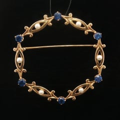 Vintage 14k Gold 1ct GIA Incredible Sapphire Seed Pearl Wreath Circle Pin Brooch