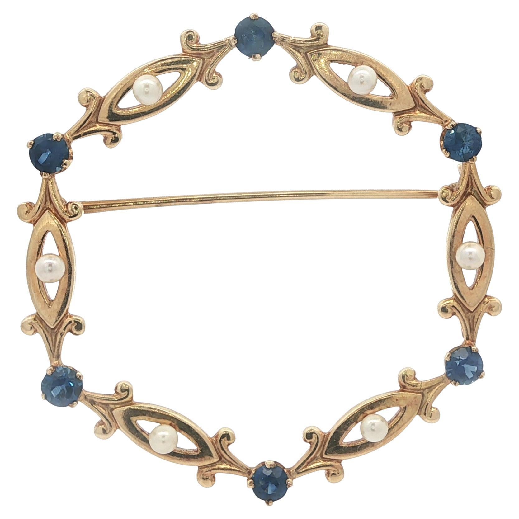 Vintage 14k Gold 1ct GIA Incredible Sapphire Seed Pearl Wreath Circle Pin Brooch
