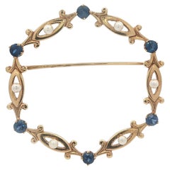 Vintage 14k Gold 1ct GIA Incredible Sapphire Seed Pearl Wreath Circle Pin Brooch