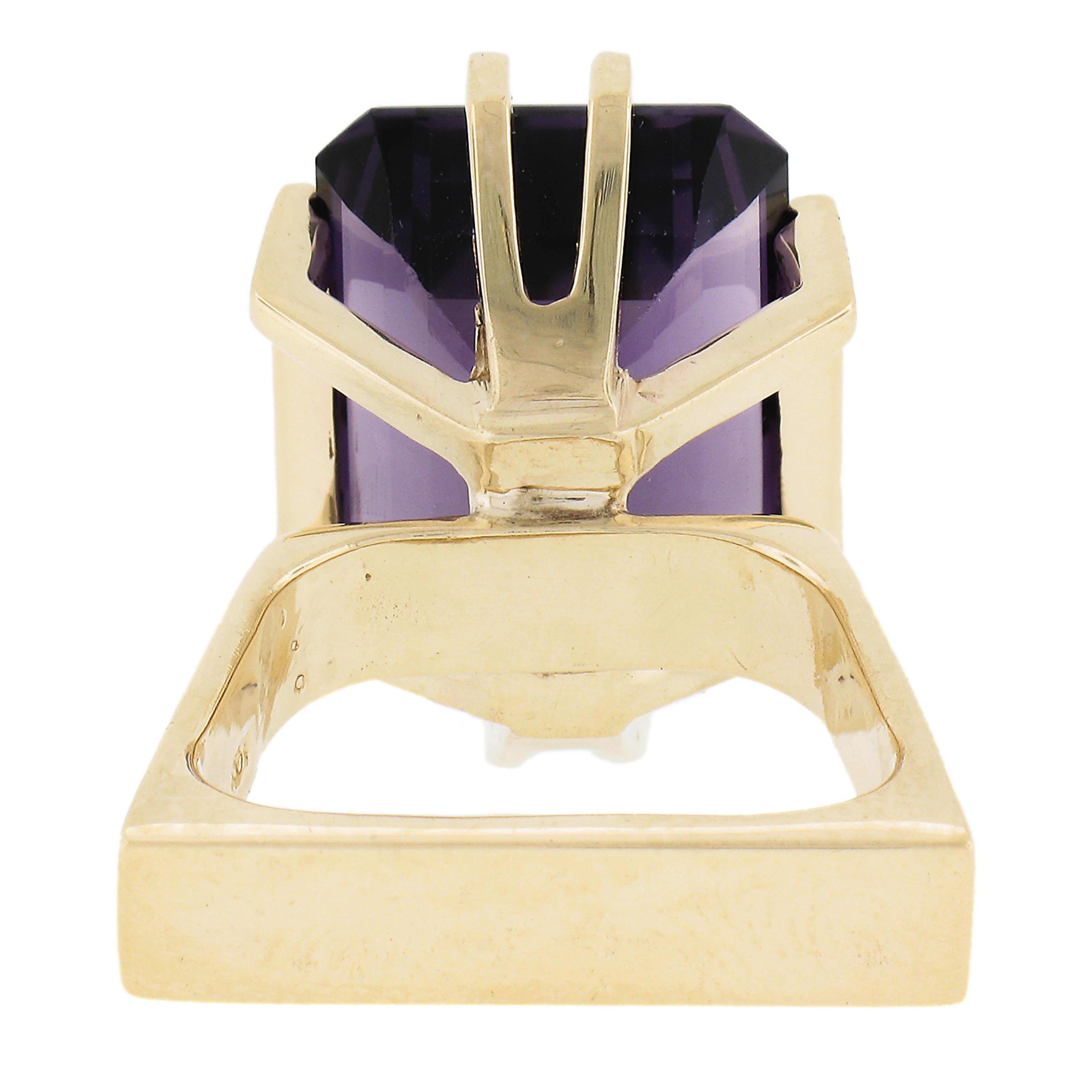 Vintage 14K Gold 20ct Large Emerald Cut Amethyst Solitaire Squared Cocktail Ring For Sale 3