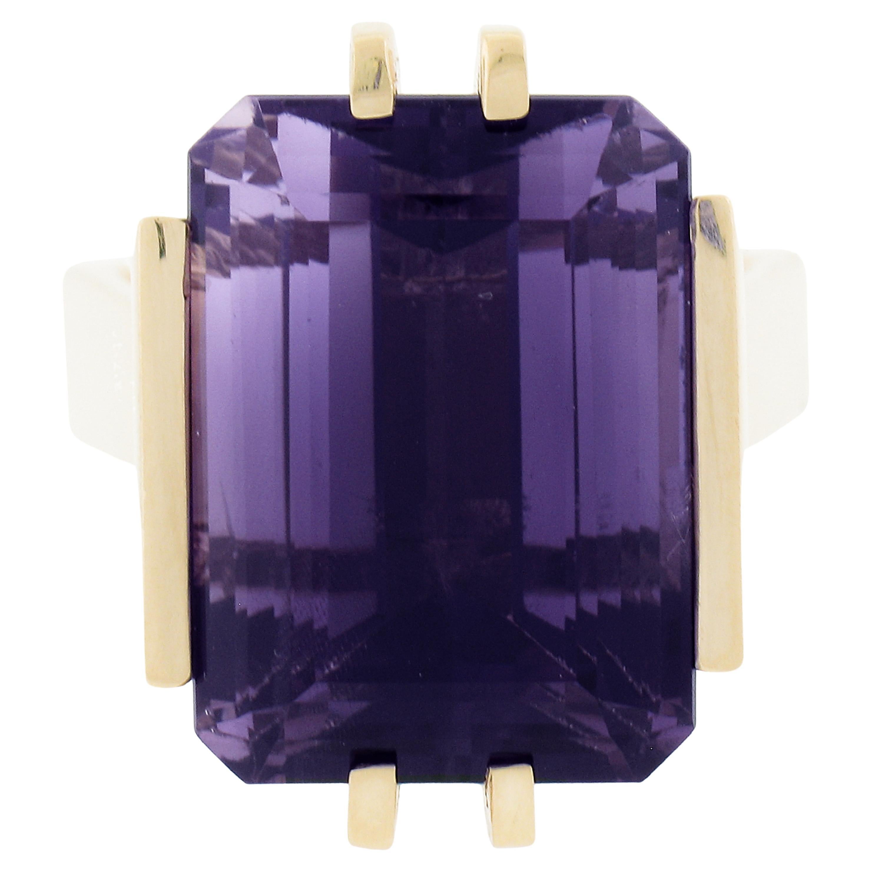 Vintage 14K Gold 20ct Large Emerald Cut Amethyst Solitaire Squared Cocktail Ring For Sale