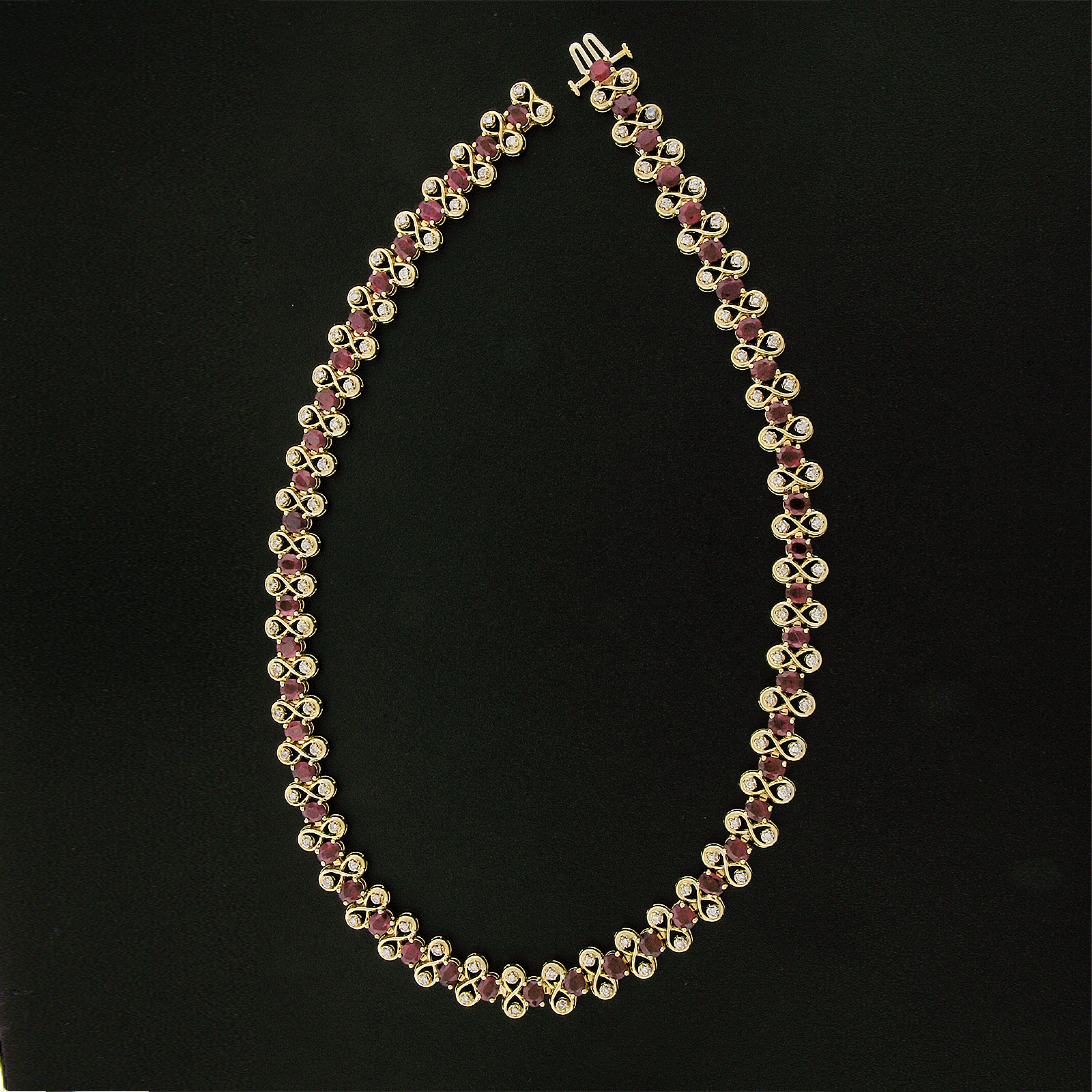 Vintage 14K Gold 21ctw GIA Burma Ruby & Diamond Figure 8 Link Statement Necklace For Sale 2