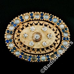 Vintage 14k Gold 2.4ctw Diamond Sapphire Moonstone Oval Wreath Brooch Pendant
